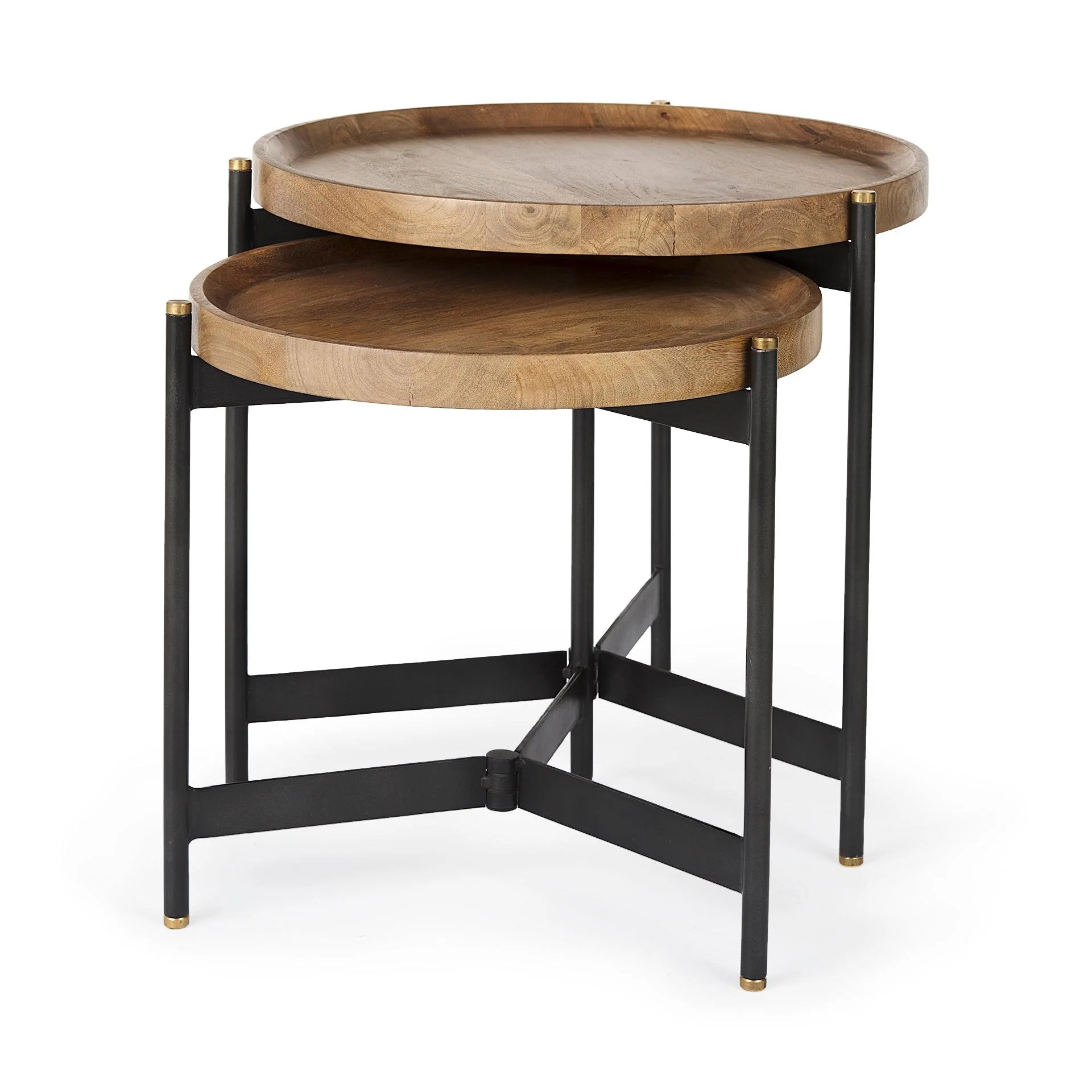 Marquisa (Set of 2) 22.5L x 22.5W x 20.8H Light Brown Wood W/ Black Metal Base Nesting Side Tables - Remutear