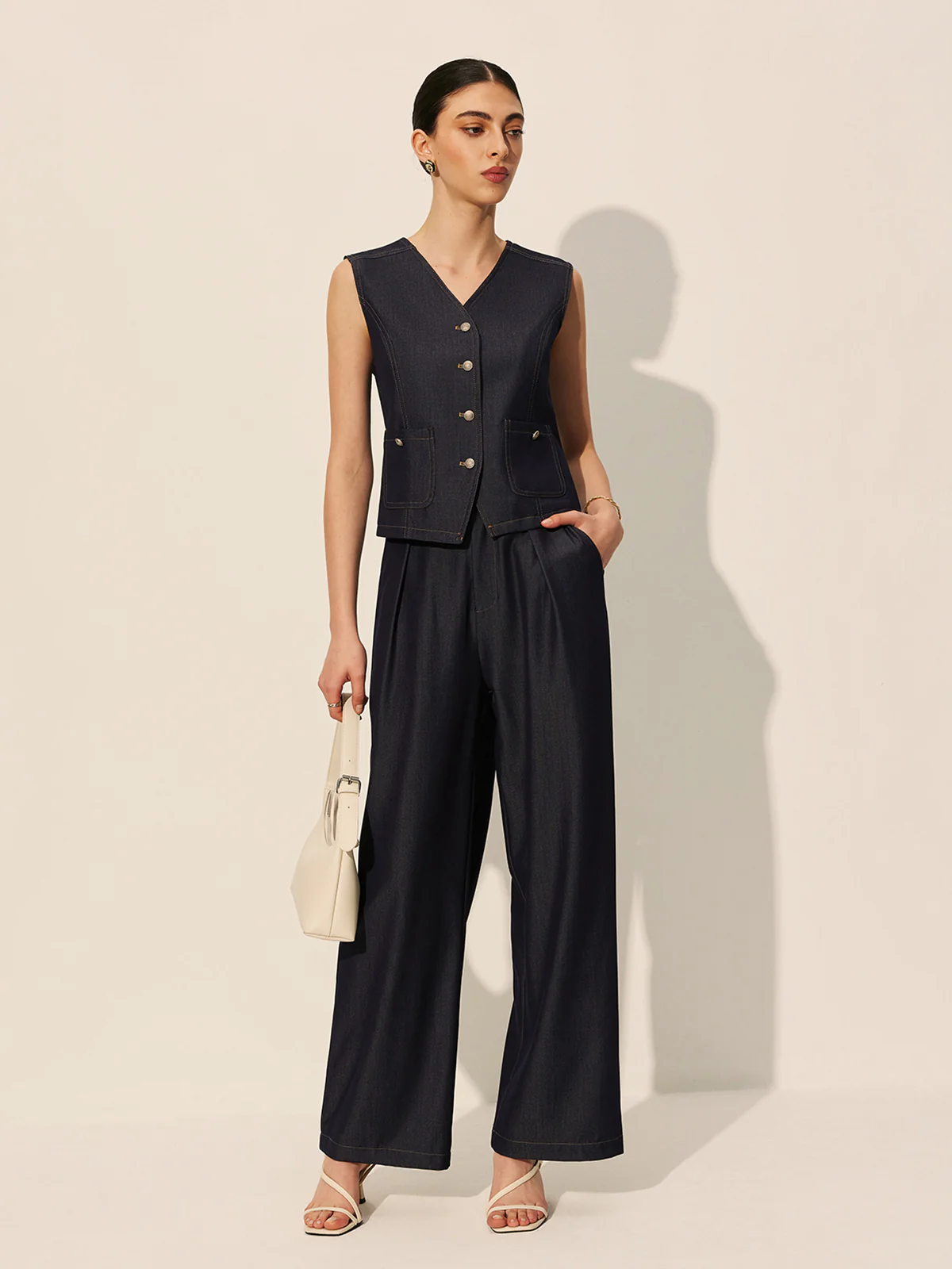 Mid-Waist Pockets Wide-Leg Denim Pants - Remutear