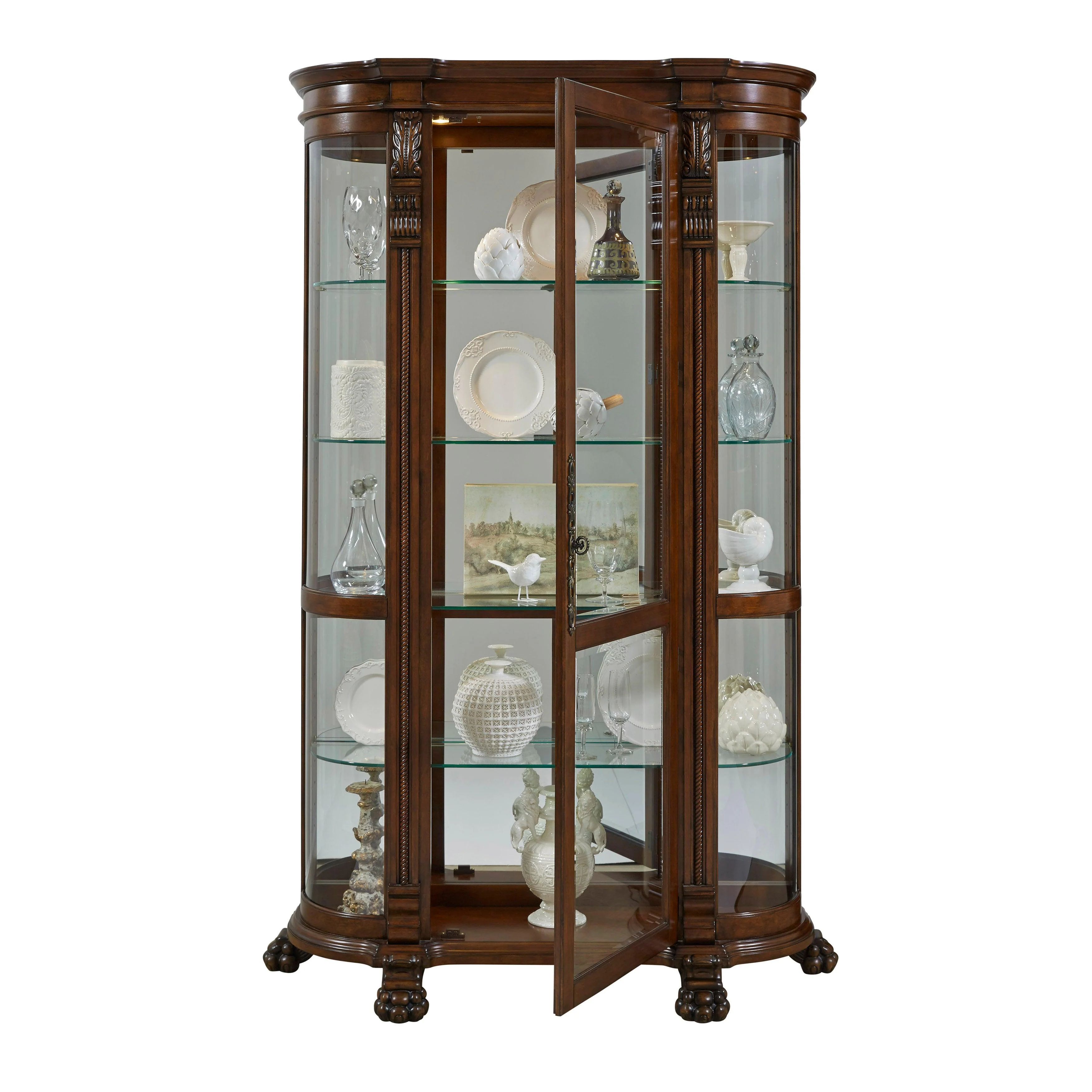 Lighted Curved Front 4 Shelf Curio Cabinet - Remutear