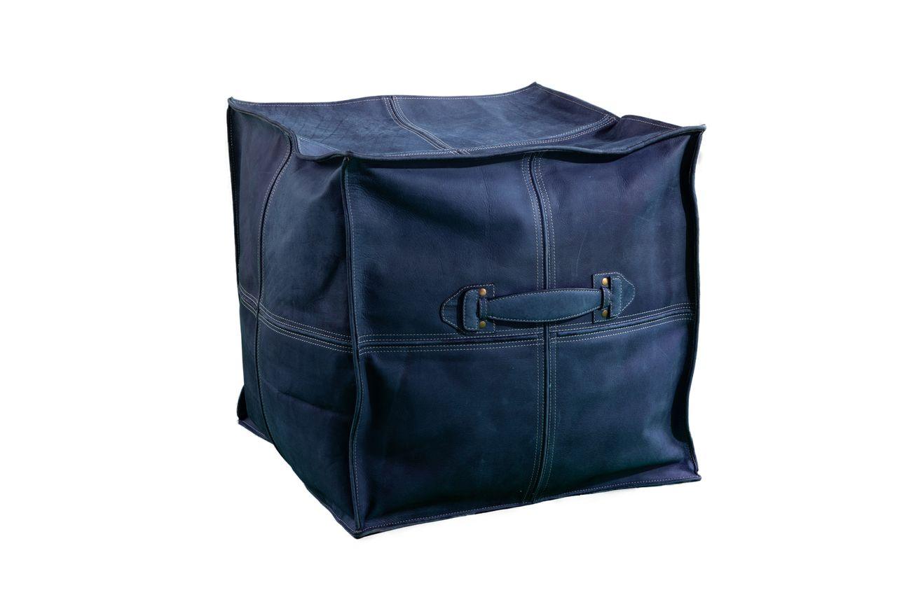 Blue Suede Leather Ottoman with Blue Leather Handle - Remutear