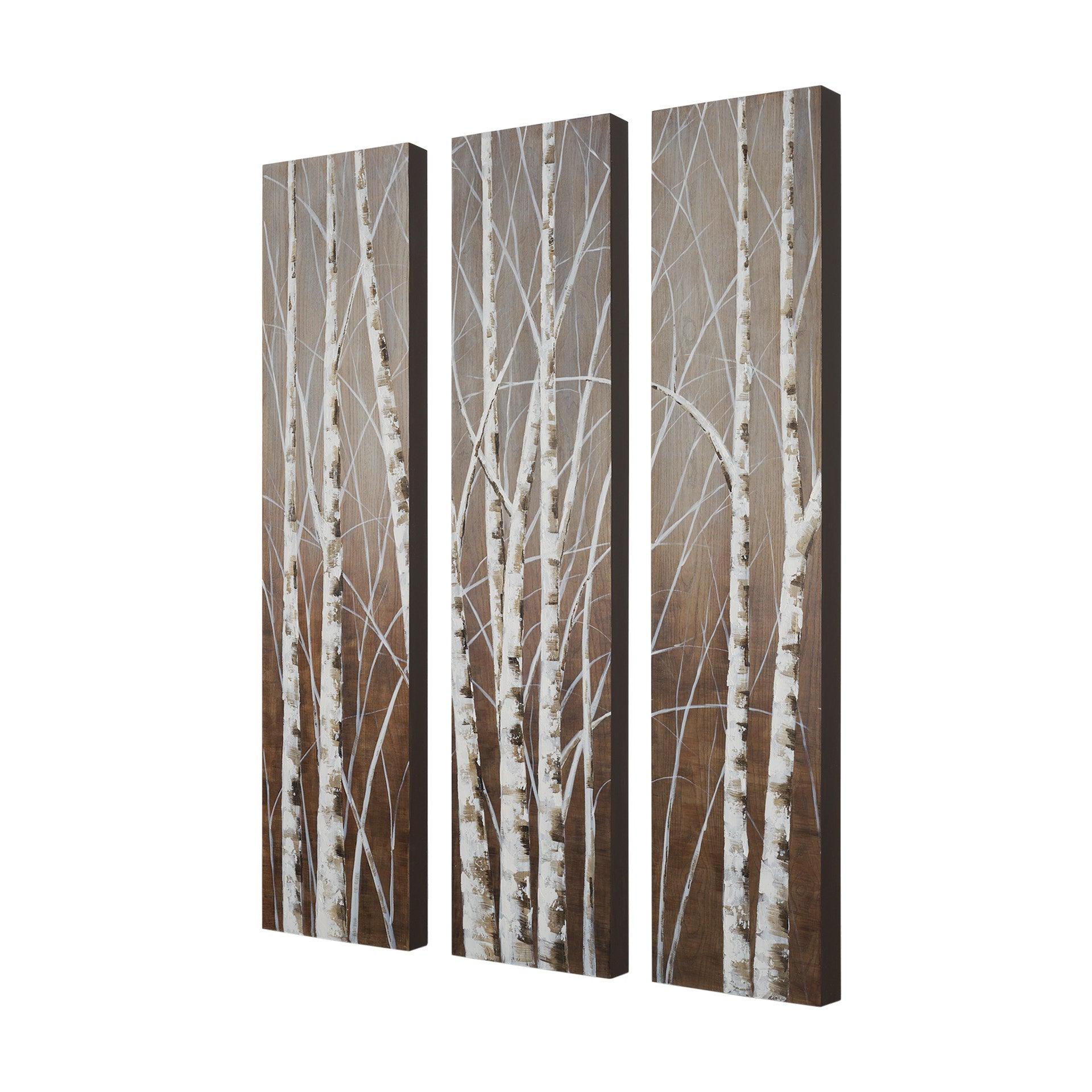 Evening Dusk 48x71 Tripych Birch Treescape Original Hand Painted on Wood Oil Painting - Remutear
