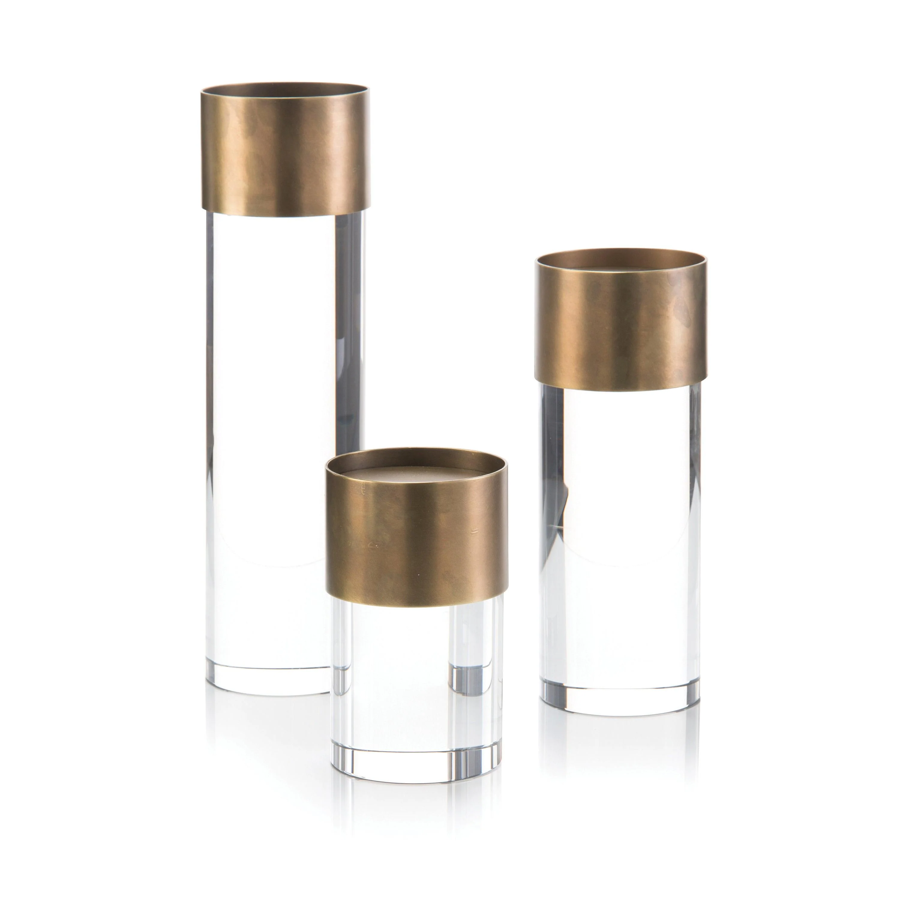 Set Of Three Crystal And Antique Brass Candleholders - Remutear
