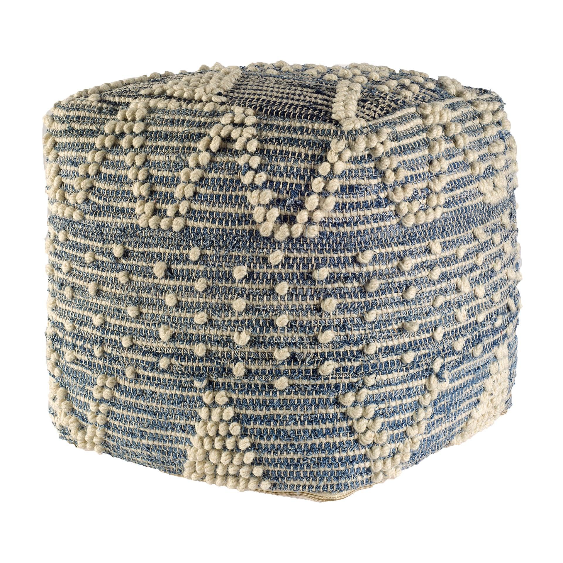 Rofi Blue Denim and Cream Cotton Stitched Square Pouf - Remutear