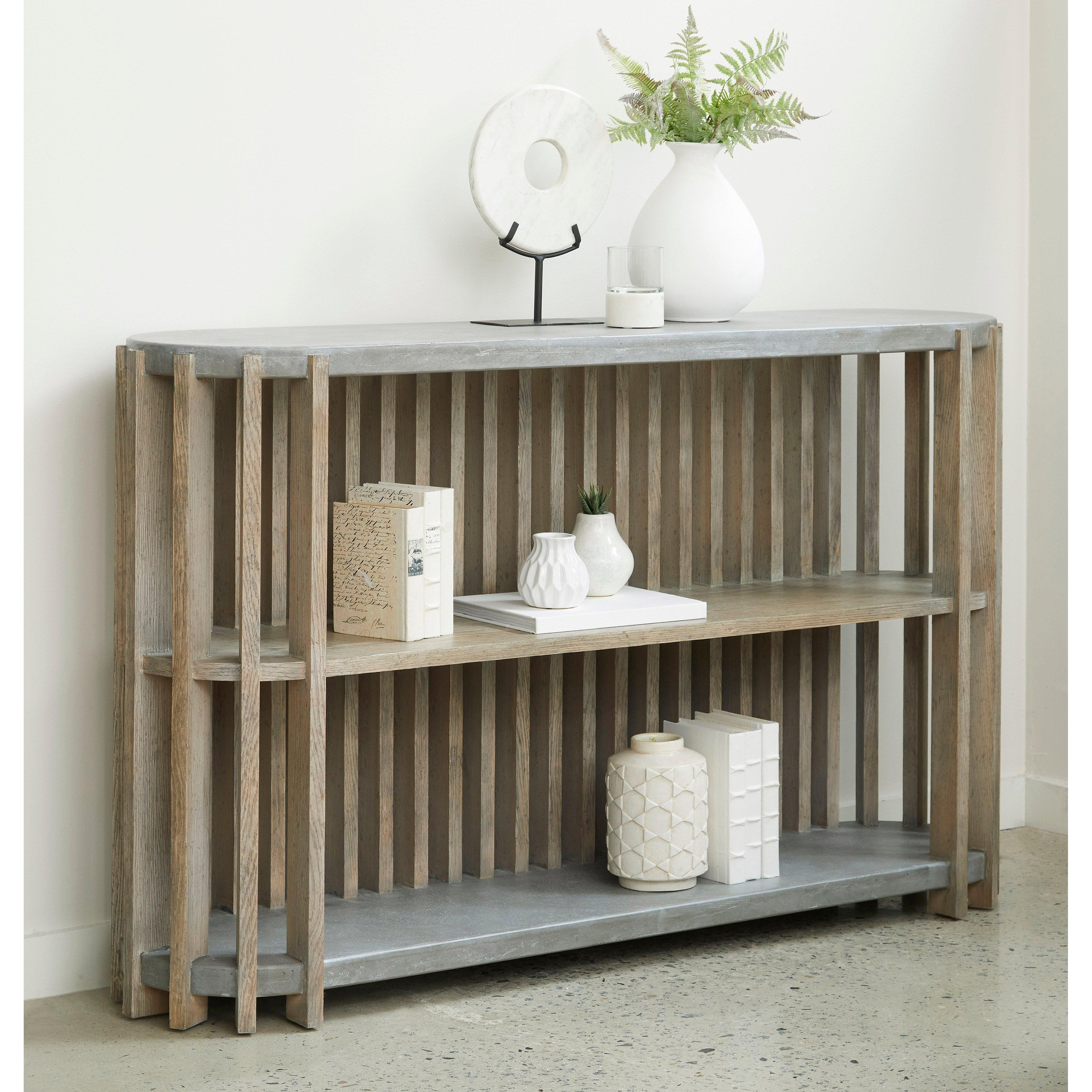 Wood Slat Display Console with Concrete Top - Remutear