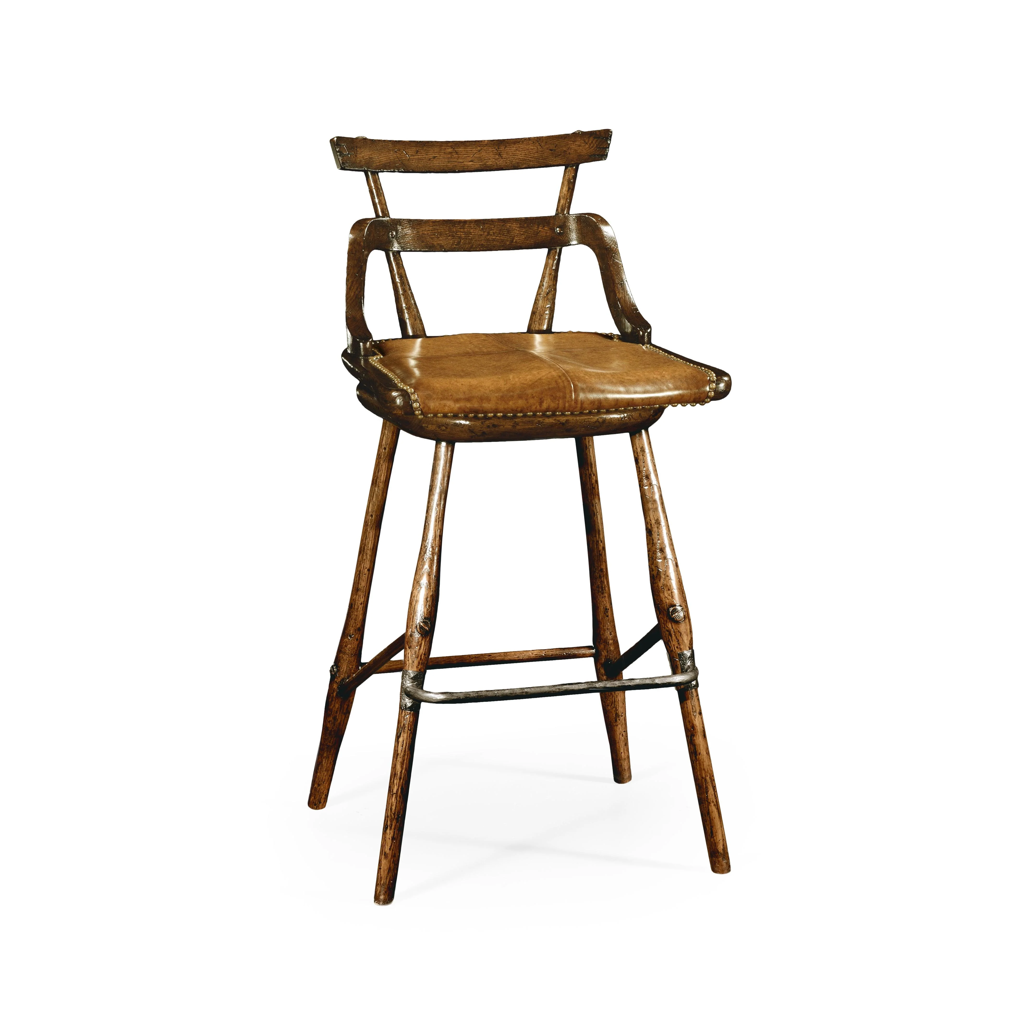 Buckingham Oak Studded Leather Barstool - Remutear