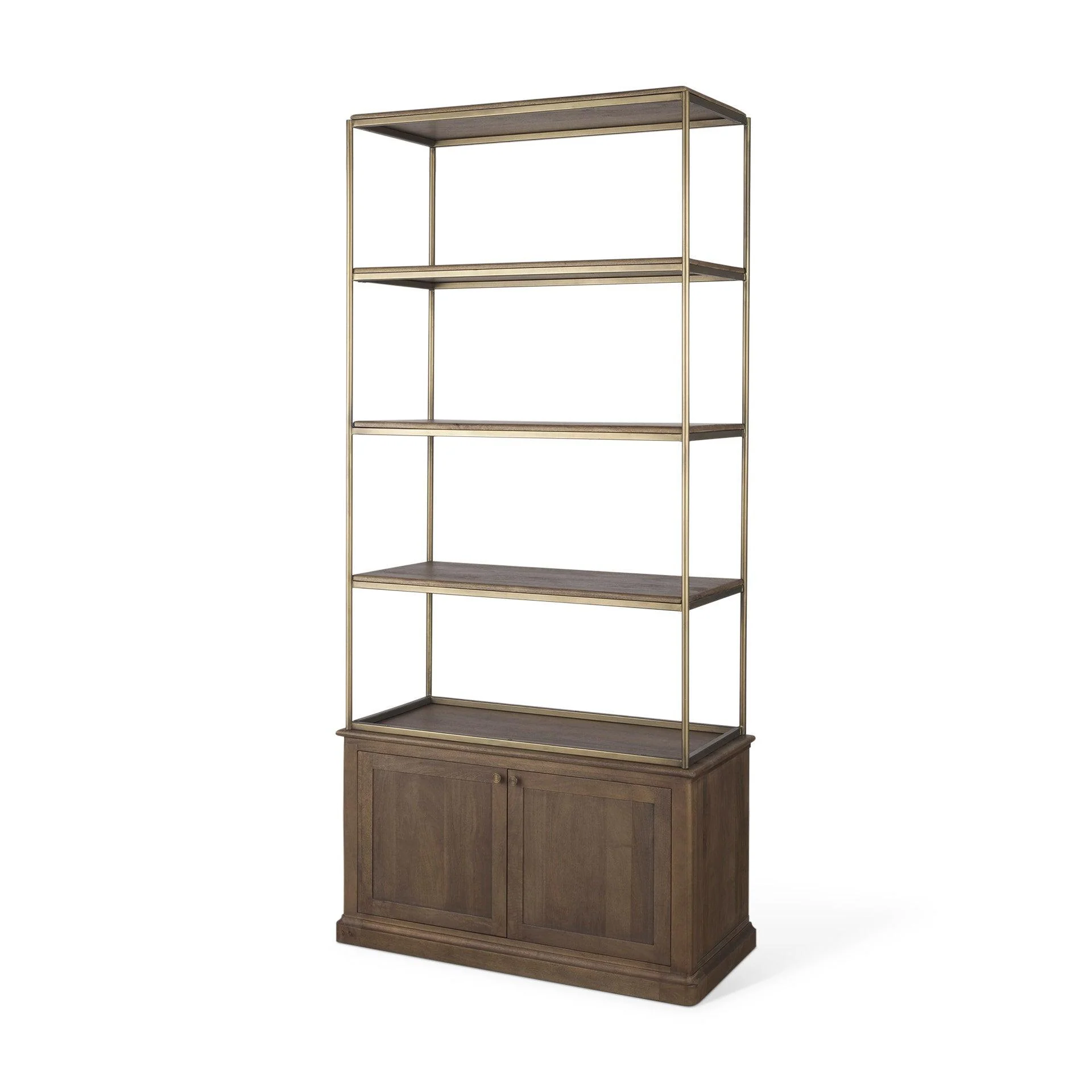 Braxton Dark Brown Wood w/ Antiqued Aged Brass Metal 3 Tiers 2 Door Shelving Unit - Remutear