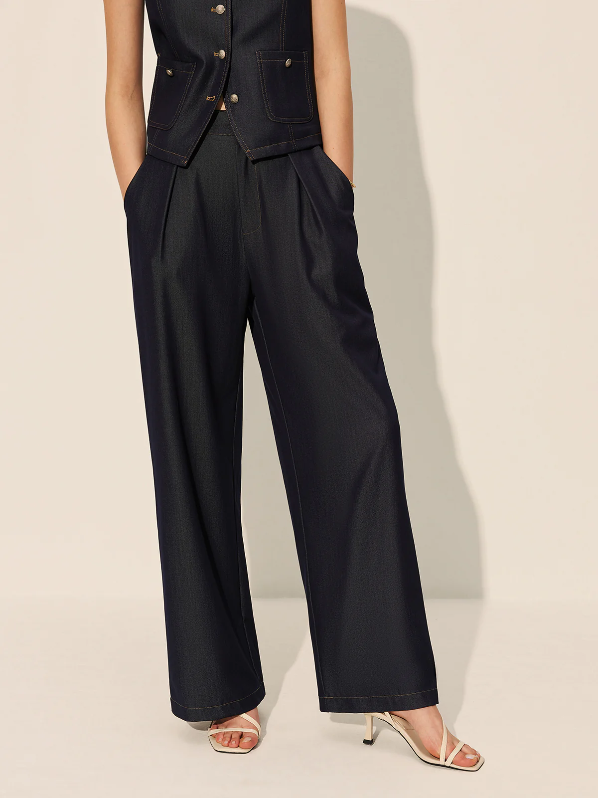 Mid-Waist Pockets Wide-Leg Denim Pants - Remutear