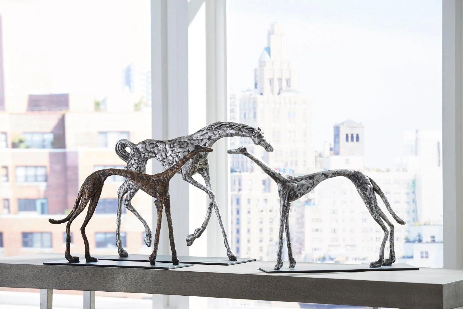 Prancing Horse Sculpture on Black Metal Base, Silver Leaf - Remutear
