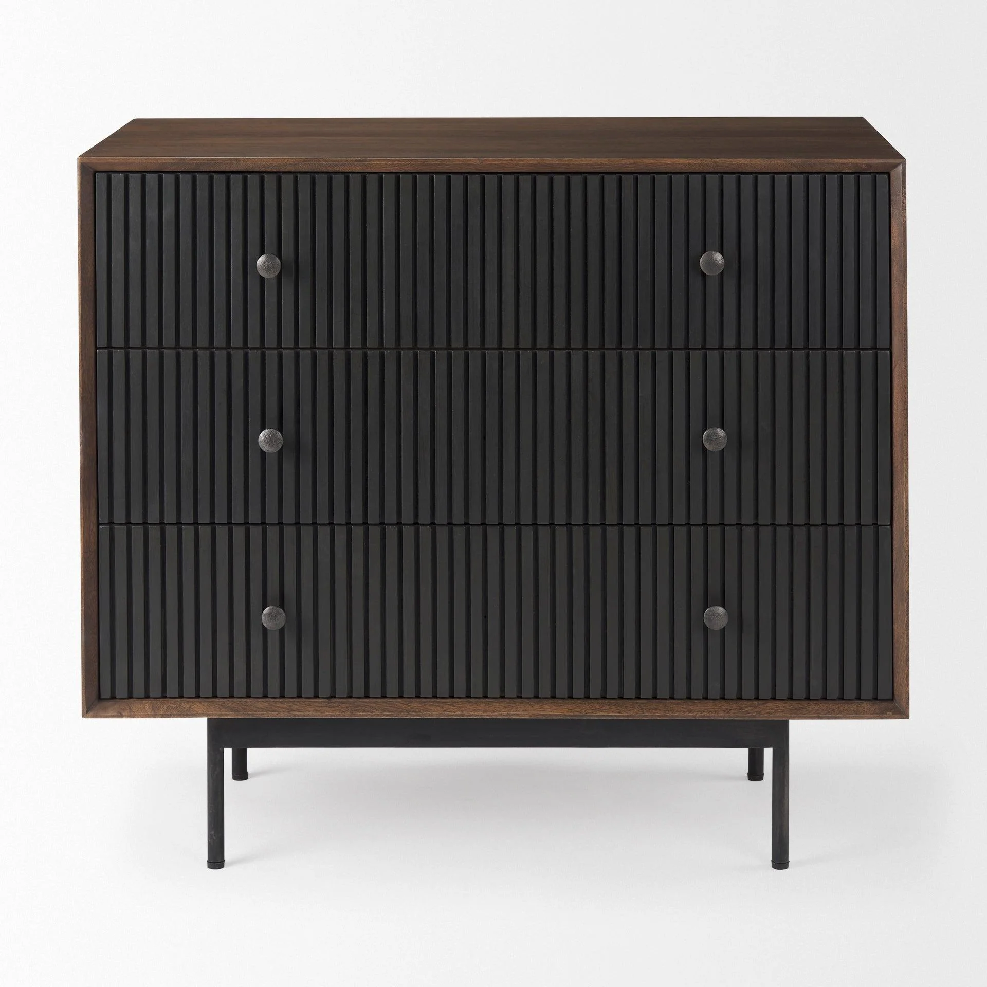 Grace 35.5L x 18.0W x 31.0H Medium Brown Wood W/Black Metal Frame 3 Drawer Accent Cabinet - Remutear