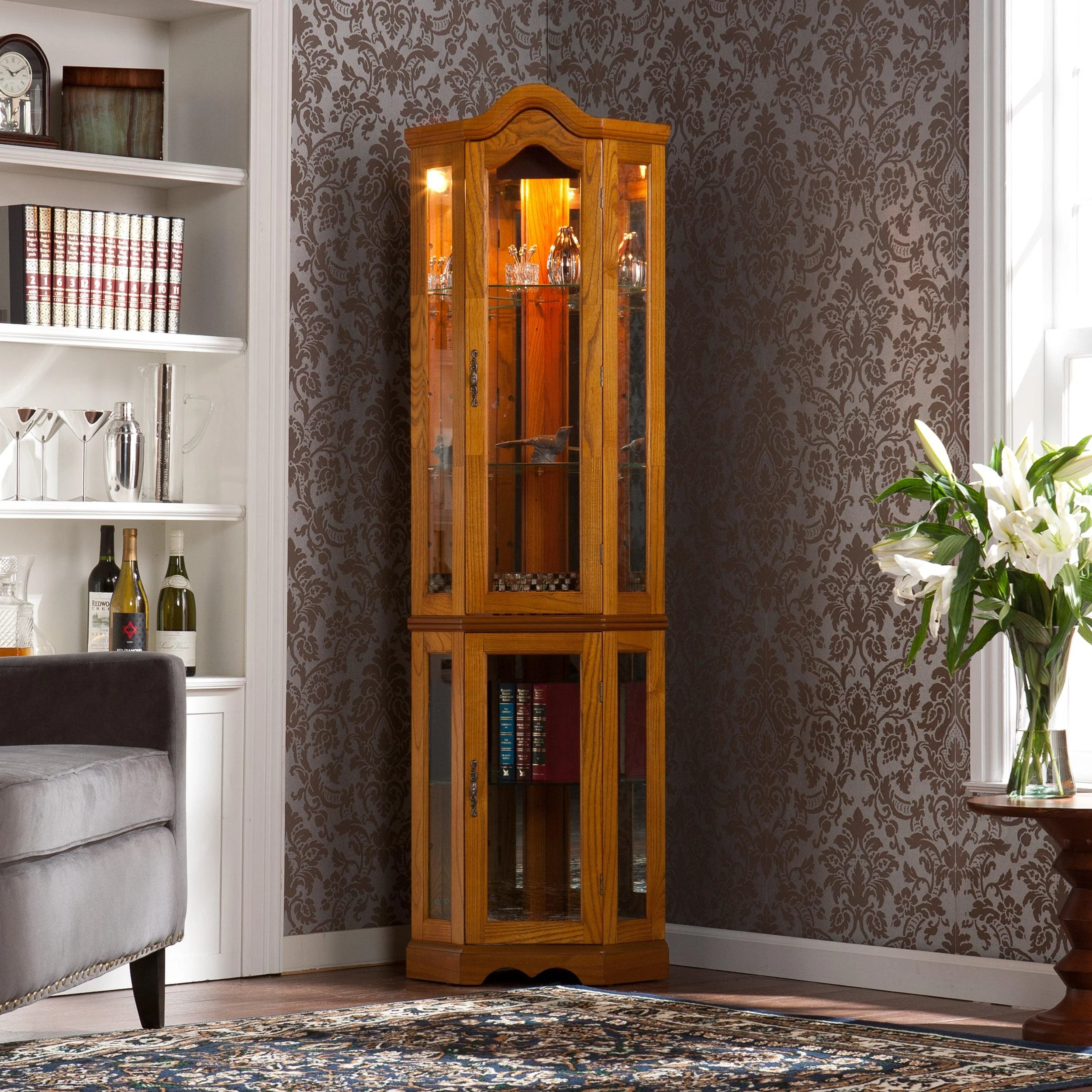 Canterdale Lighted Corner Curio Cabinet - Golden Oak - Remutear