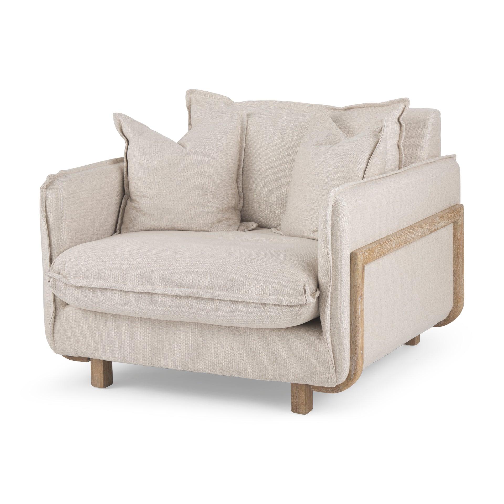 Roy II Beige Upholstered and Brown Wood Frame Arm Chair - Remutear