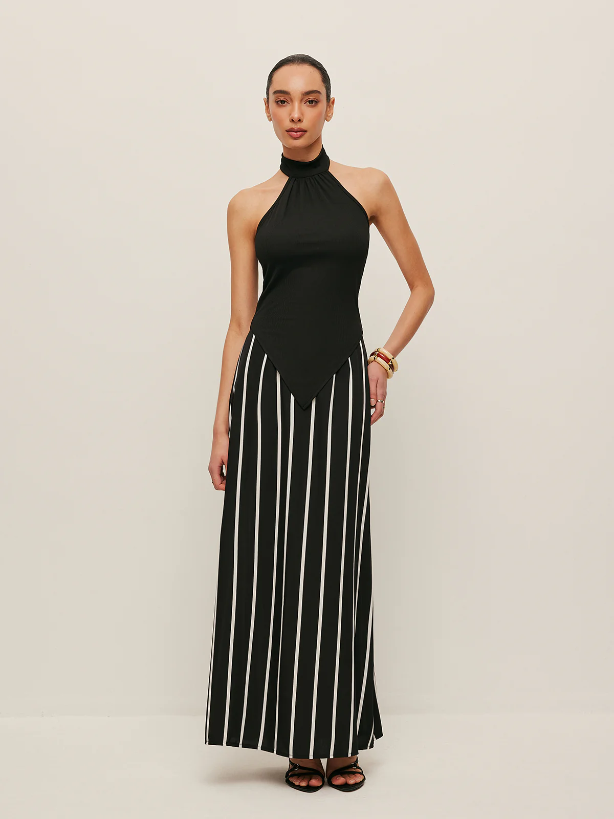 High Neck Asymmetric Panel Stripe Skirt Set - Remutear