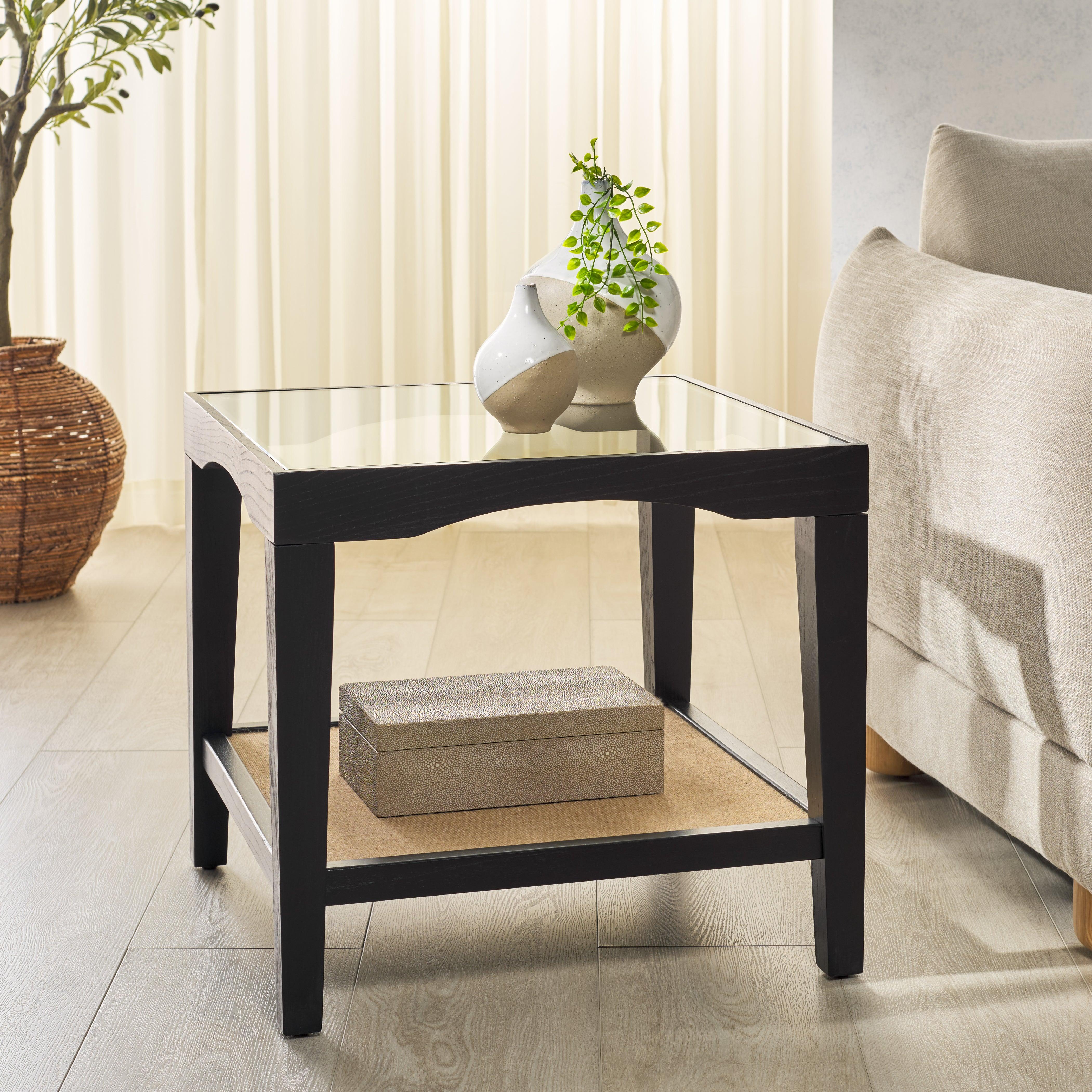 Nicolella Square Glass And Linen Accent Table - Remutear
