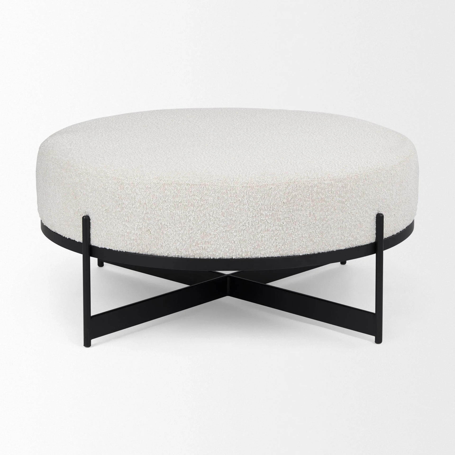 Amelia 35.8L x 35.8W x 15.0H Cream Boucle W/Black Metal Upholstered Ottoman - Remutear