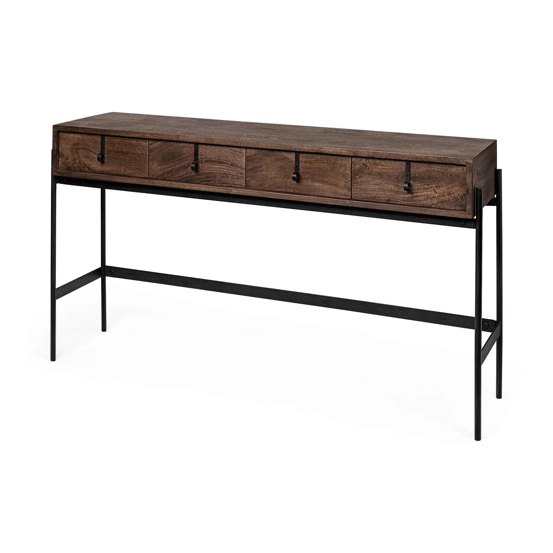 Glenn III 56L x 14W Dark Brown Wood w/ Black Iron Frame, 4 Drawer Console Table - Remutear
