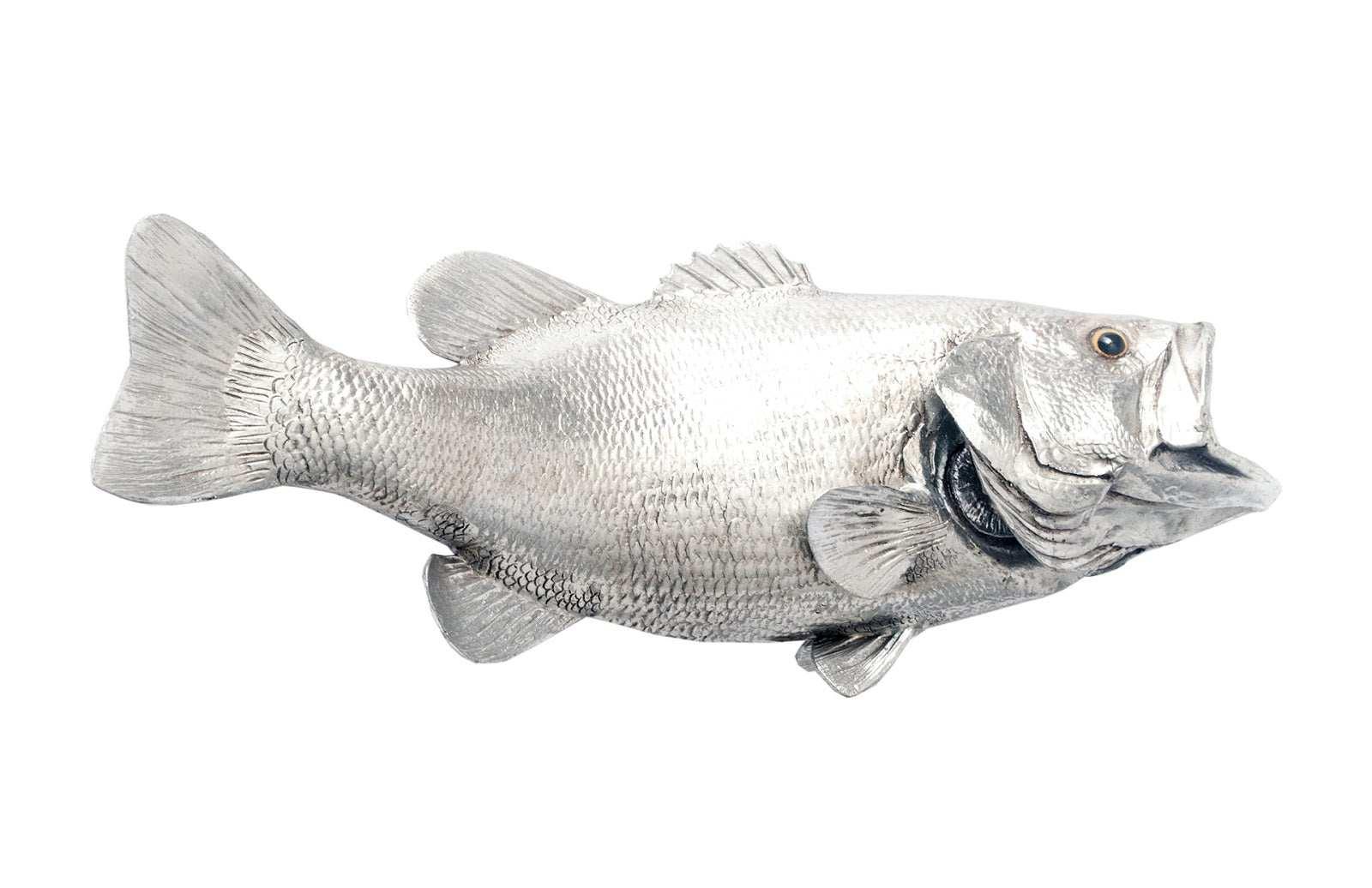 Large Mouth Bass Fish Wall Sculpture, Resin, Silver Leaf - Remutear