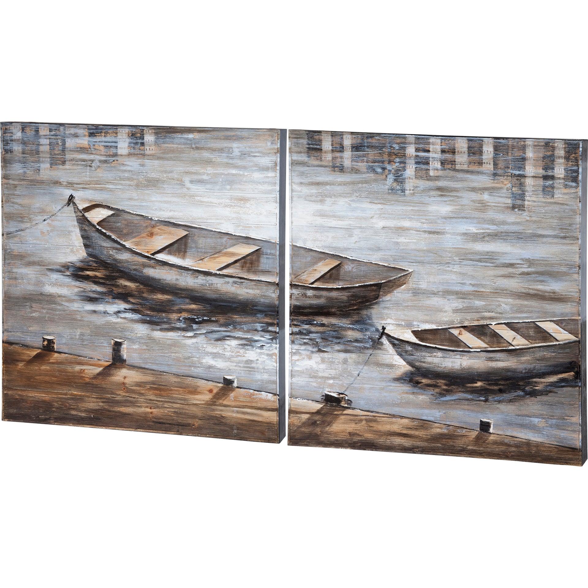 Creekside Diptych 80x40 Boats Original Hand Painted on Wood Oil Painting - Remutear