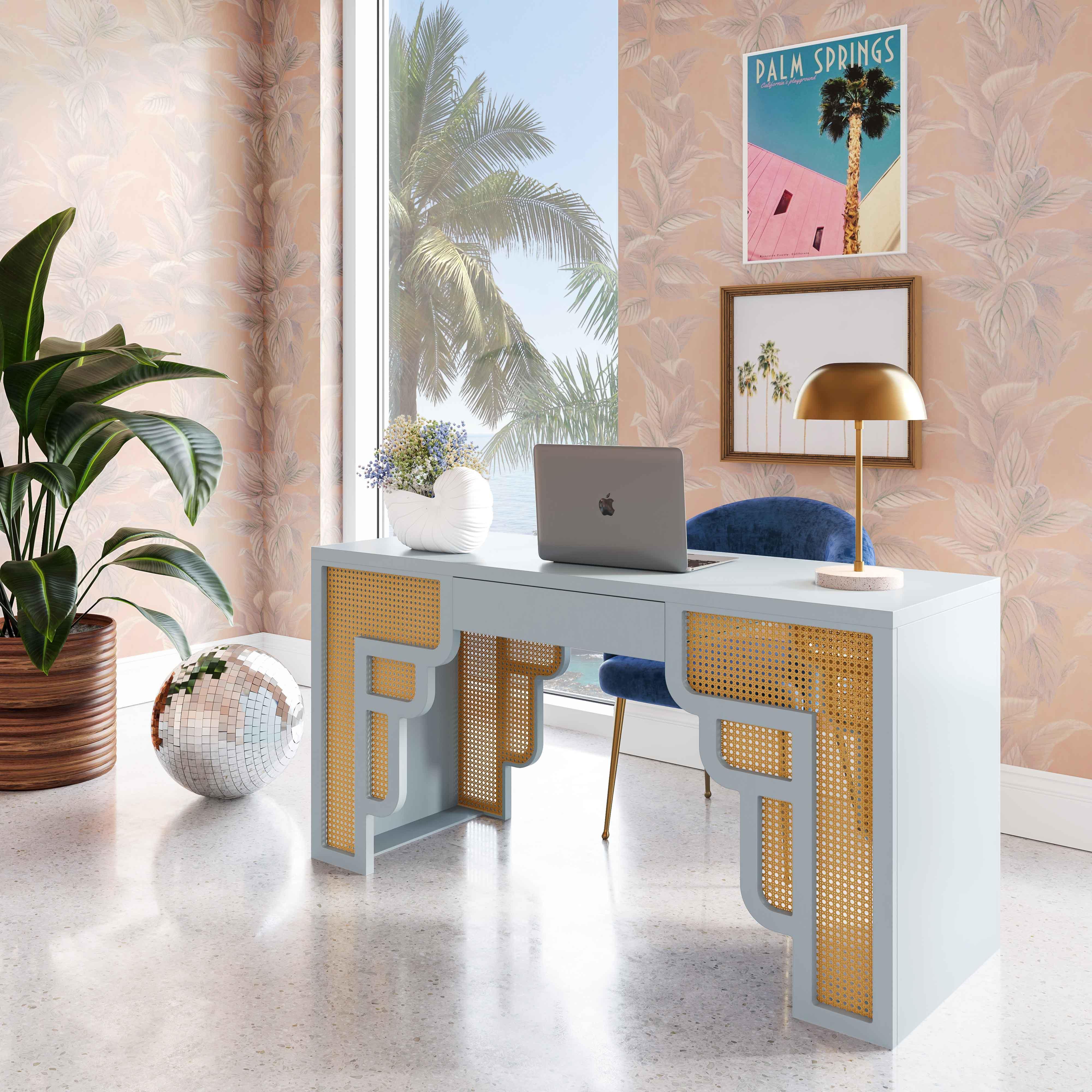 Suzie Pastel Blue & Rattan Executive Desk - Remutear