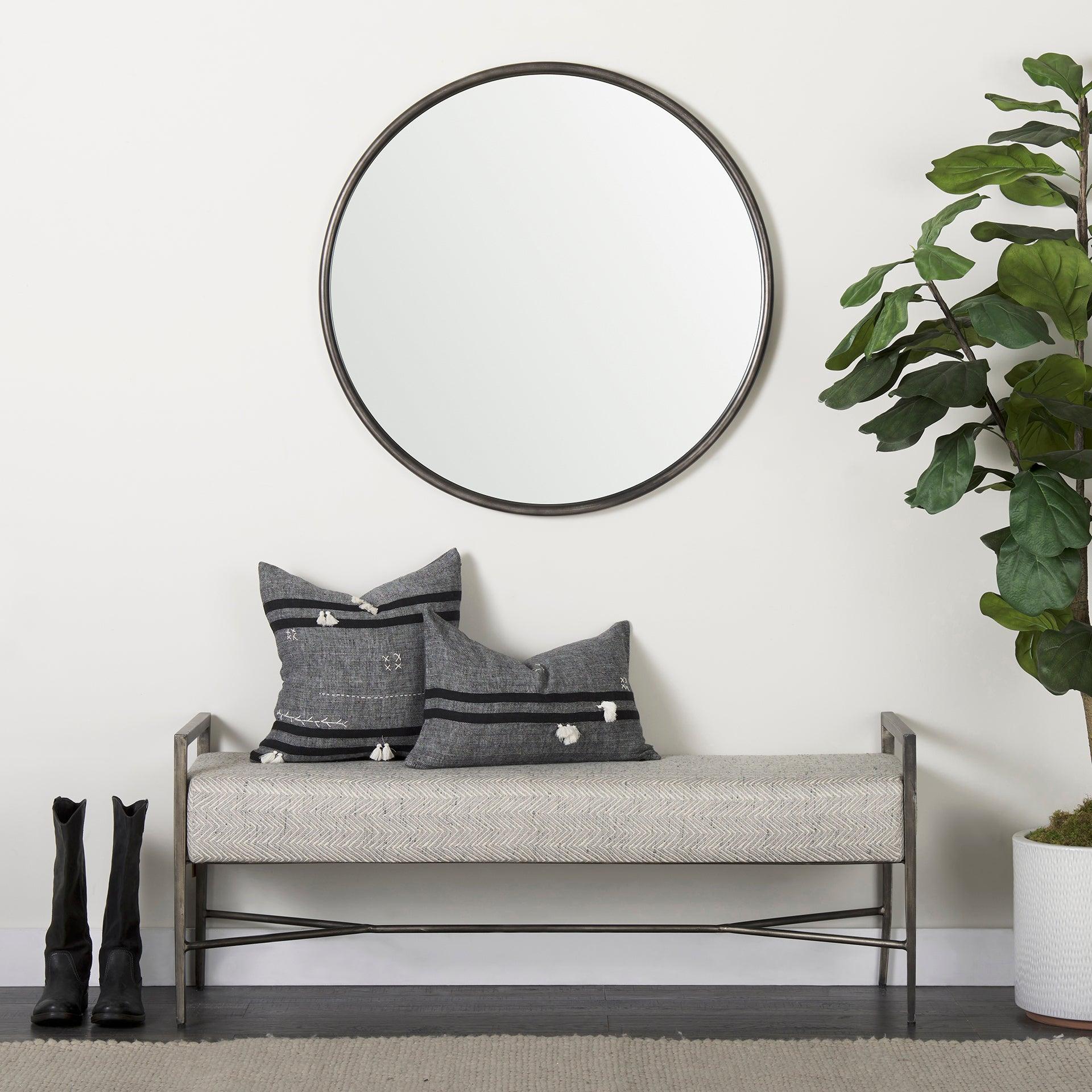 Charlotte  55.0L Gray Herringbone Fabric Seat w/ Antique Nickel Metal Frame Bench - Remutear
