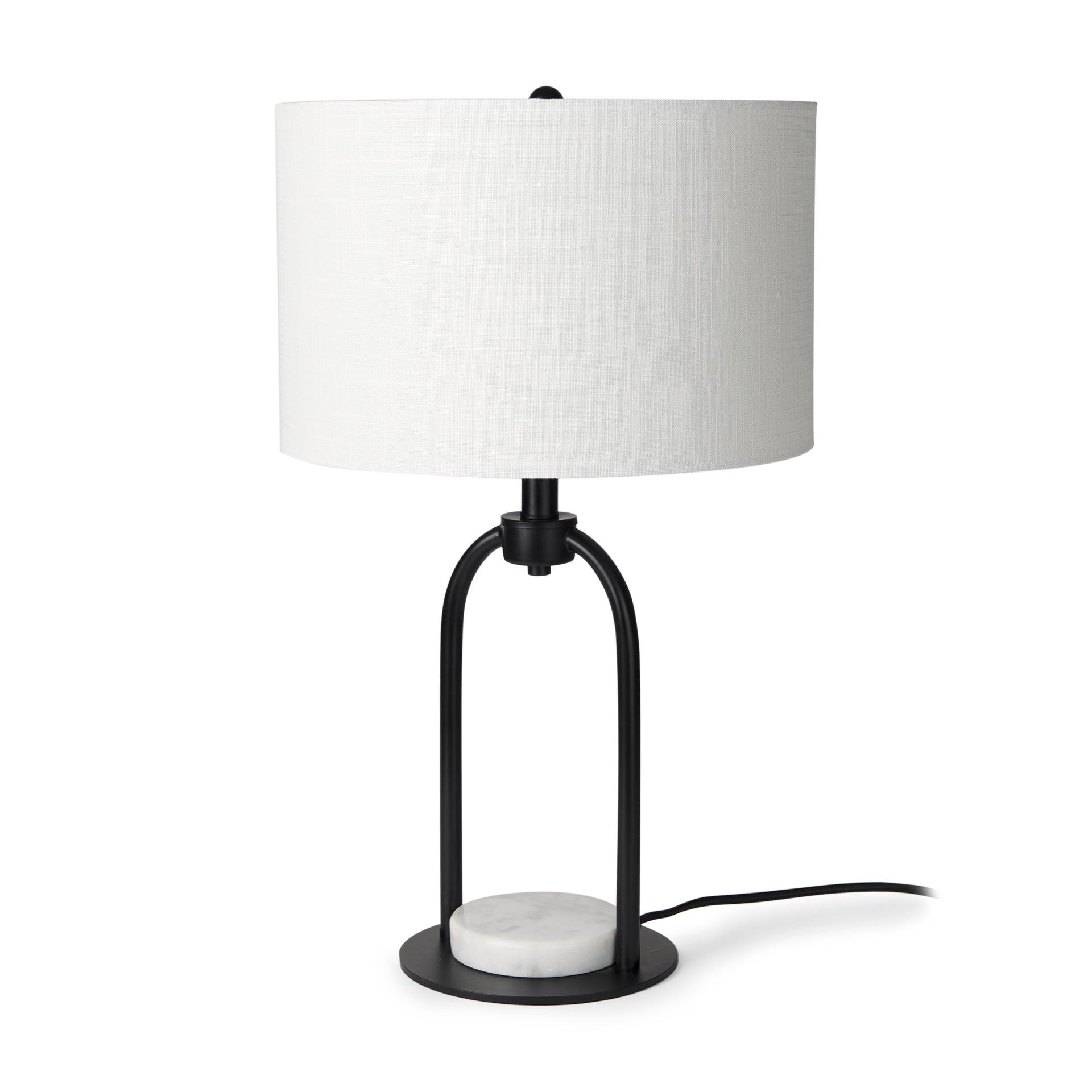 Sarah 15.0L x 10.0W x 22.2H Arched Black Metal W/Marble Cube and White Shade Table Lamp - Remutear