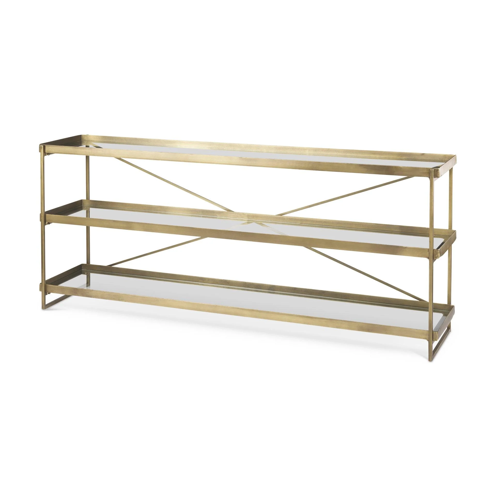 Trey 72.0L x 16.0W x 30.0H Gold Metal W/Glass Console Table - Remutear