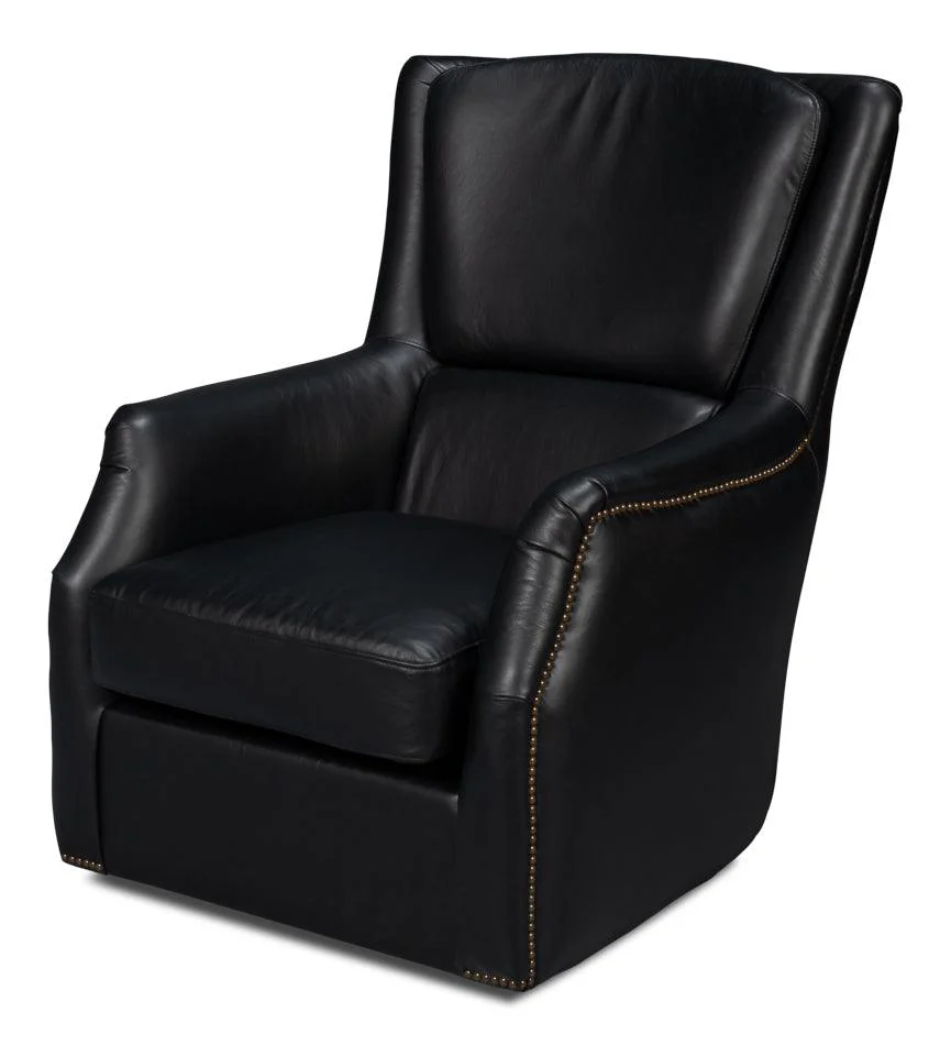 Baker Leather Swivel Chair - Onyx Black - Remutear