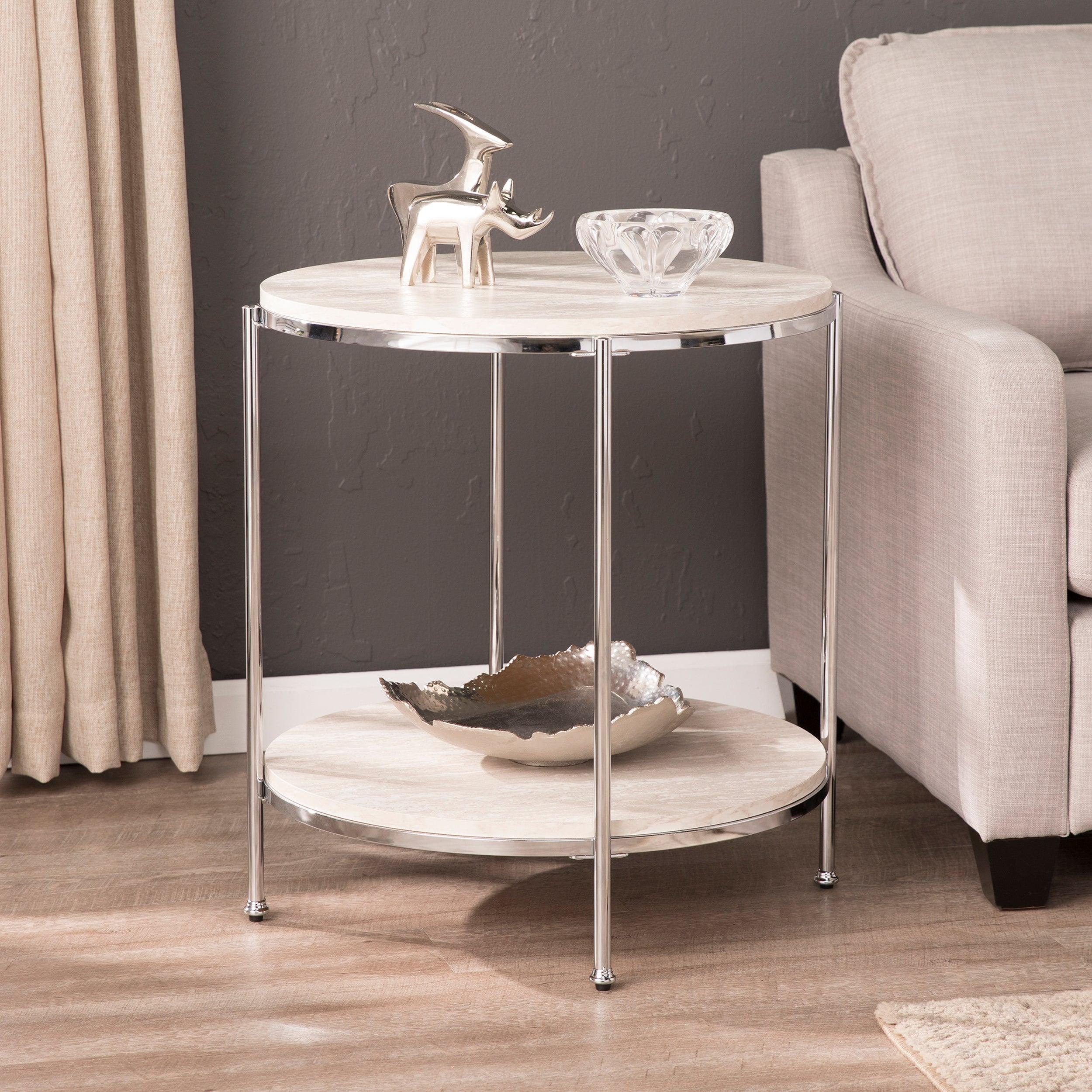 Silas Round Faux Stone End Table - Chrome - Remutear