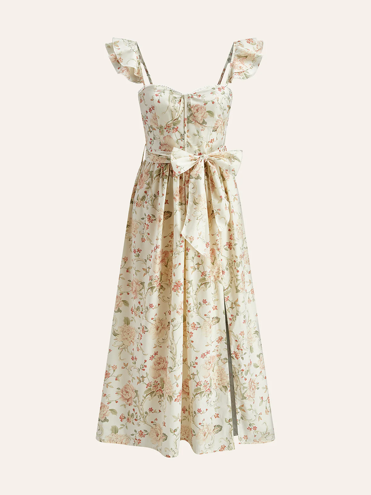 Ruffle Strap Tie-Waist Slit Floral Dress - Remutear