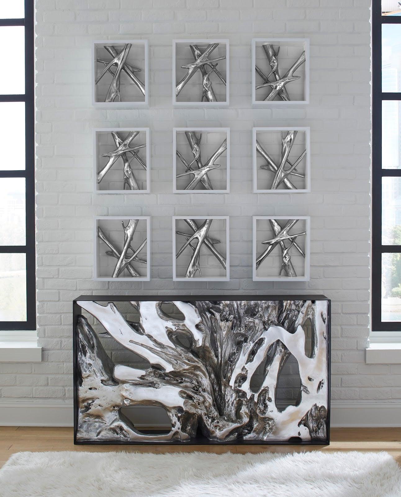 Framed Branches Wall Tile, White, Silver Leaf - Remutear