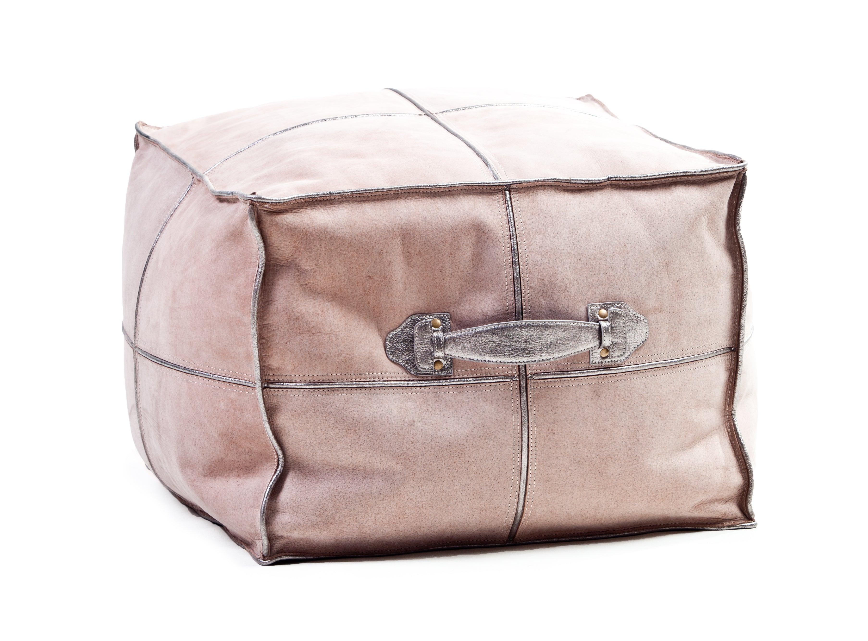 Pink Suede Leather Ottoman with Silver Leather Handle - Remutear
