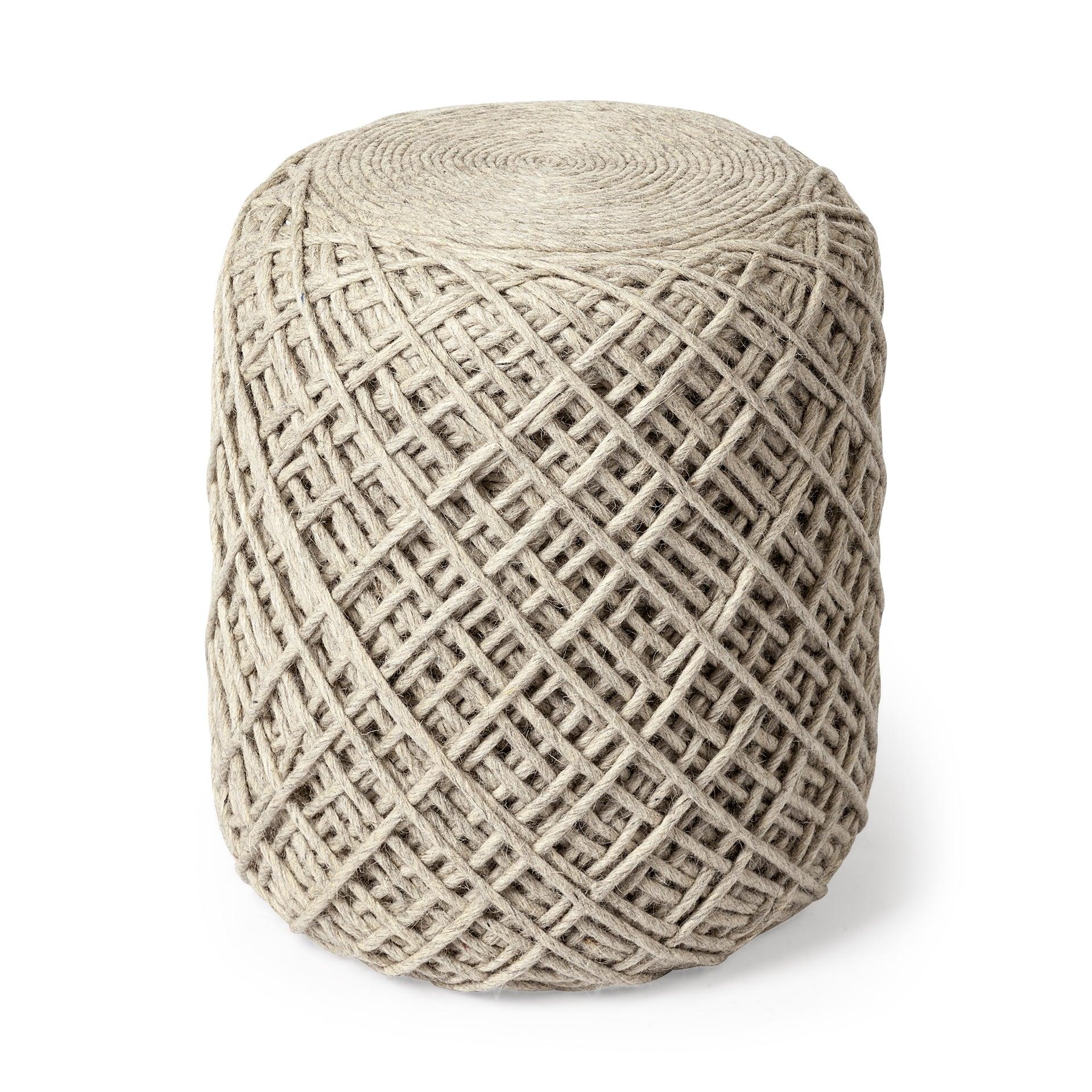 Allium Oatmeal Handwoven Wool Cylindrical Pouf - Remutear
