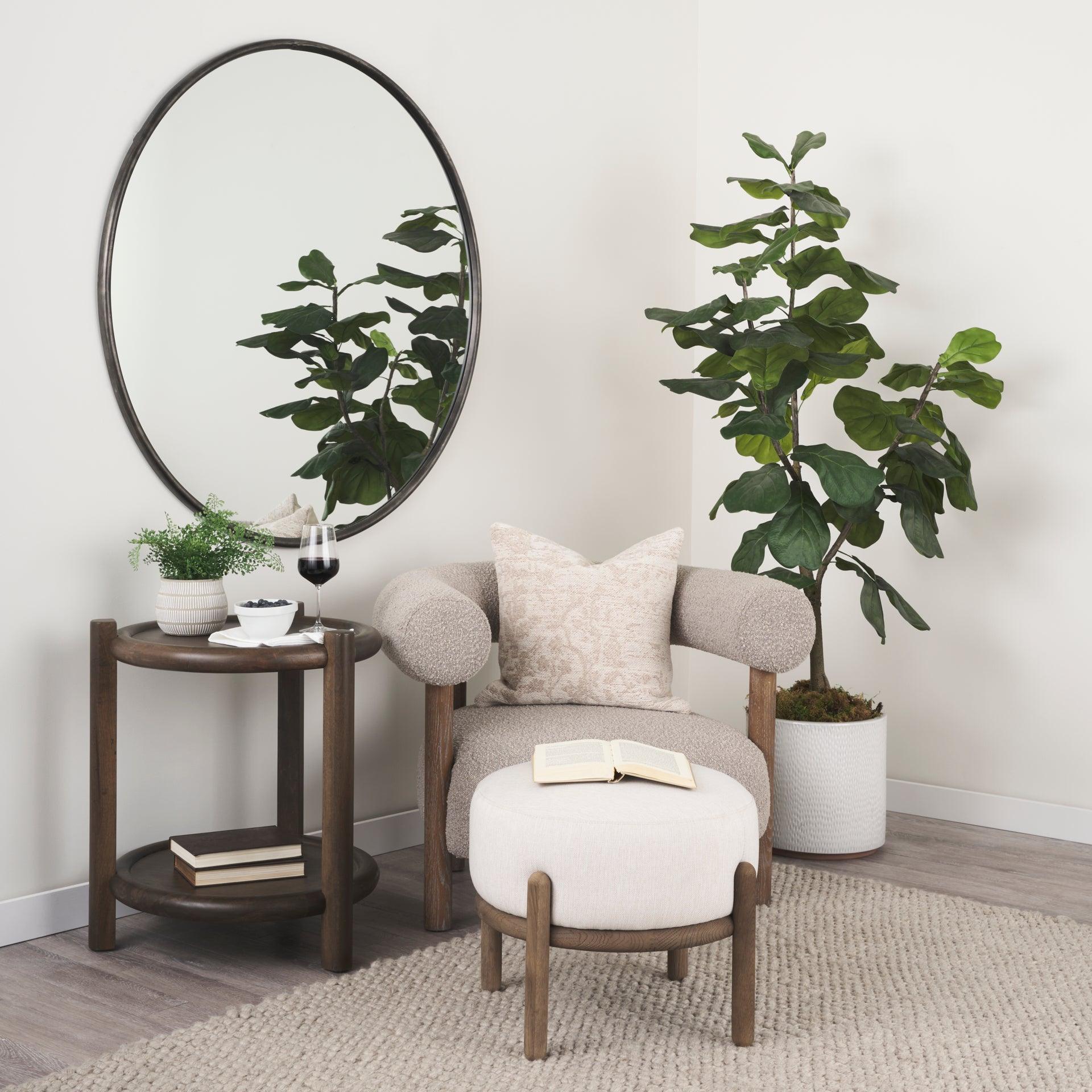 Gwynn Oatmeal Fabric w/ Dark Brown Wood Pouf - Remutear