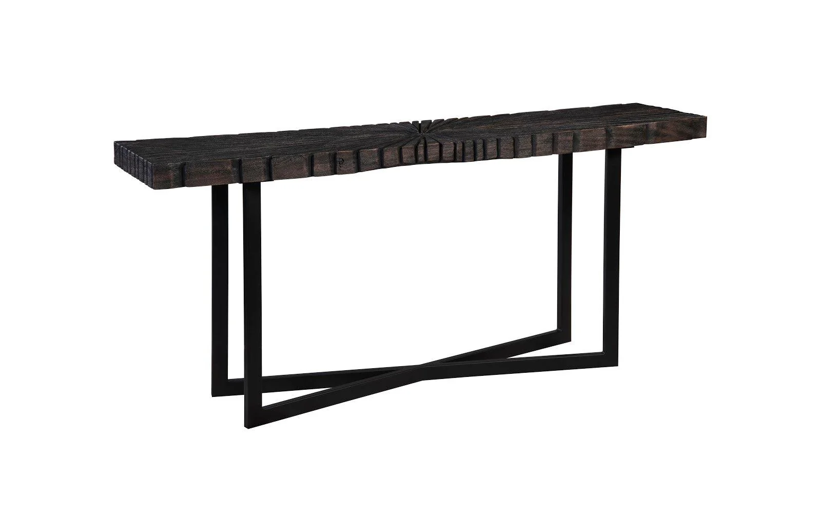 Chainsaw Console Table, Burnt Black, Black Iron Cross Base - Remutear