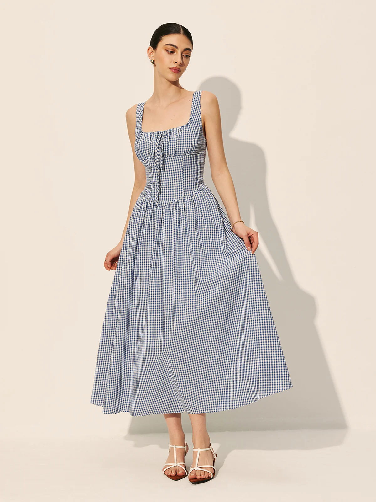 Cotton Checkerboard Tie-Front Dress - Remutear