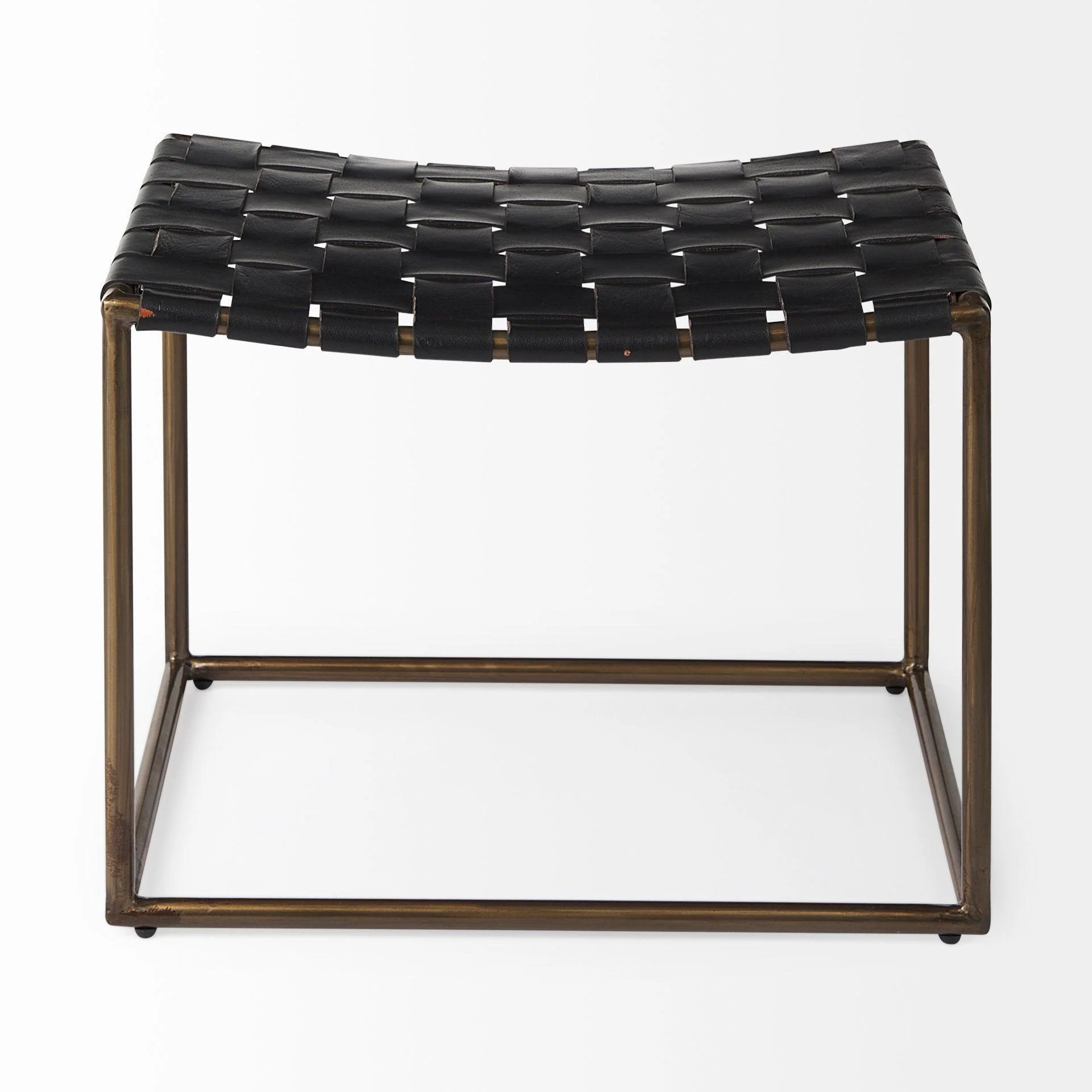 Clarissa 22.0L x 16.0W x 16.75H Black Leather Woven Seat W/ Gold Metal Frame Stool - Remutear