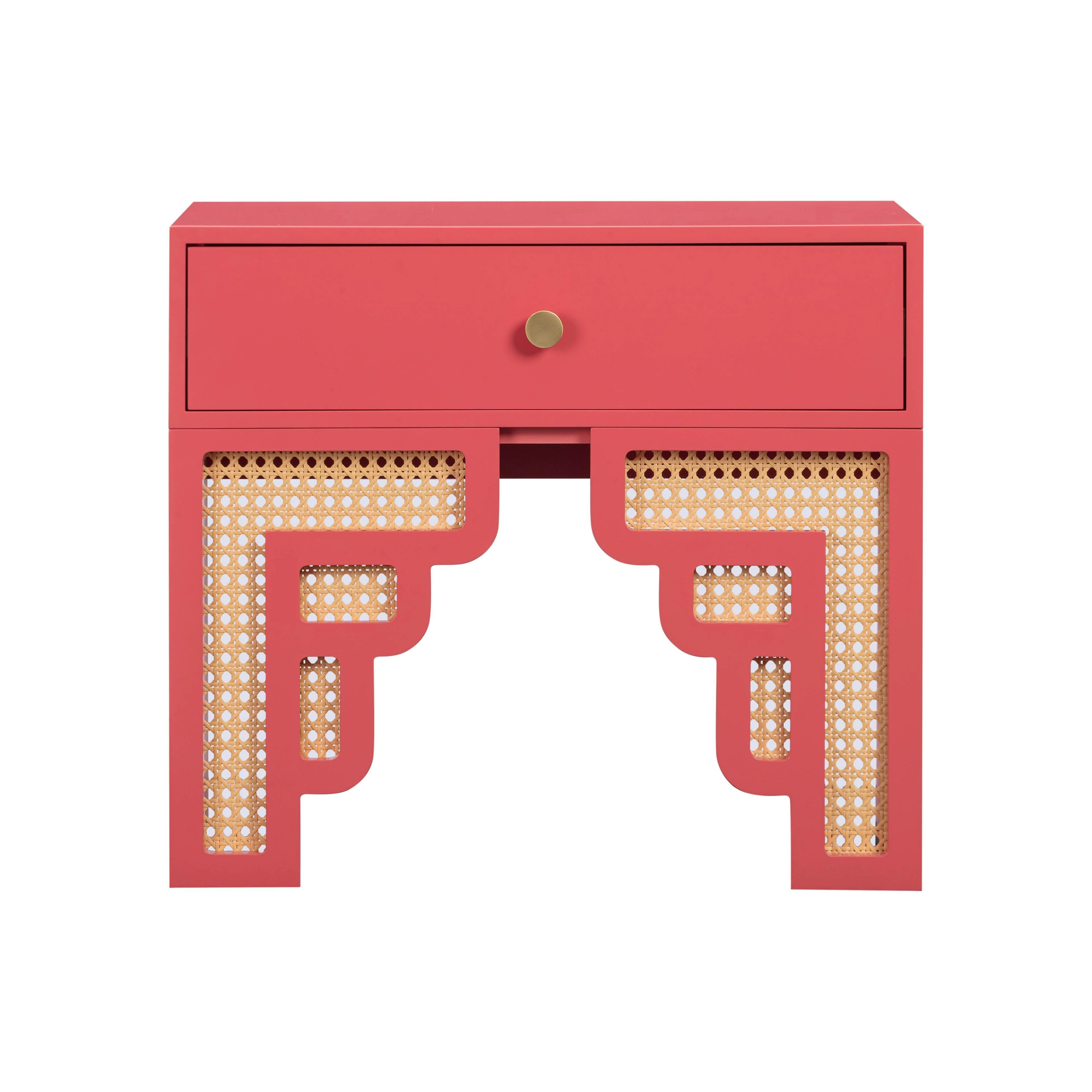 Suzie Coral Pink & Rattan Nightstand - Remutear