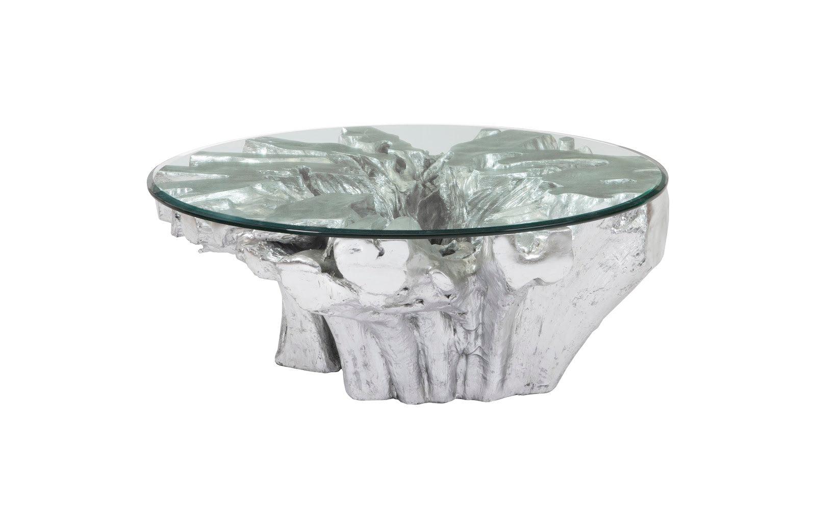 Otis Root Coffee Table with Glass, Silver Leaf - Remutear