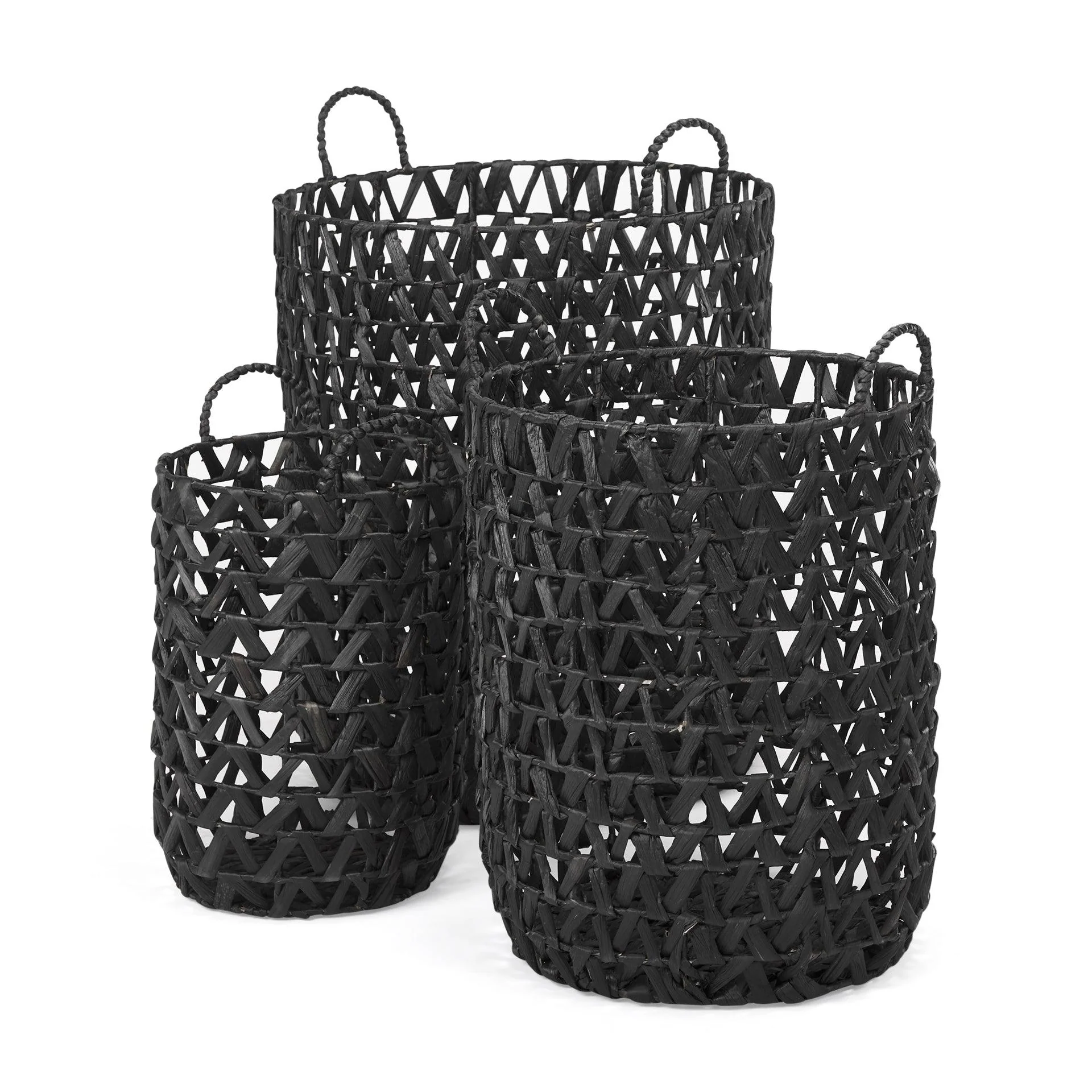 Lola 19.7L x 19.7W x 23.6 Set of 3 Black Water Hyacinth Zig Zag Weave Round Basket W/ Handles - Remutear