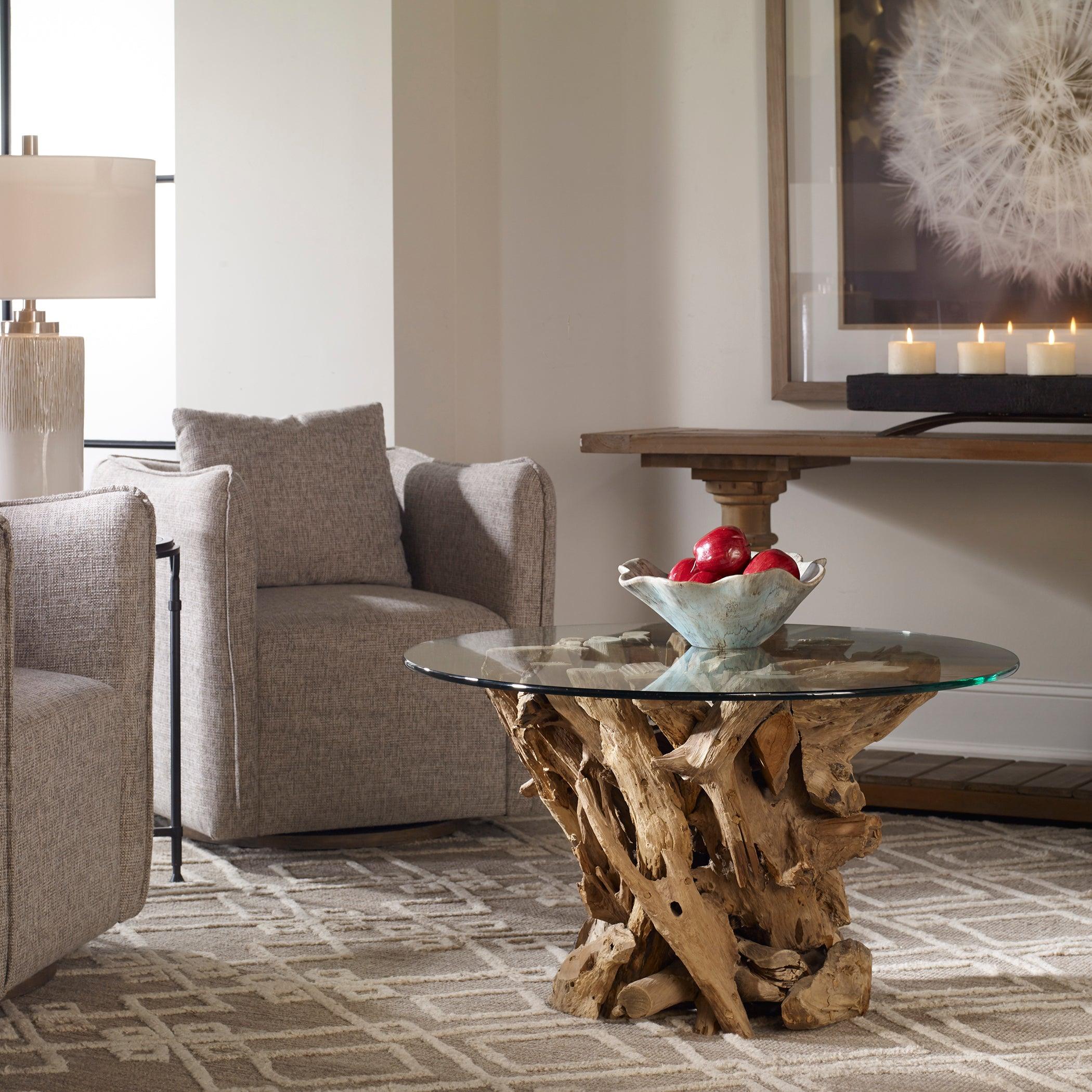 DRIFTWOOD GLASS TOP COCKTAIL TABLE - Remutear