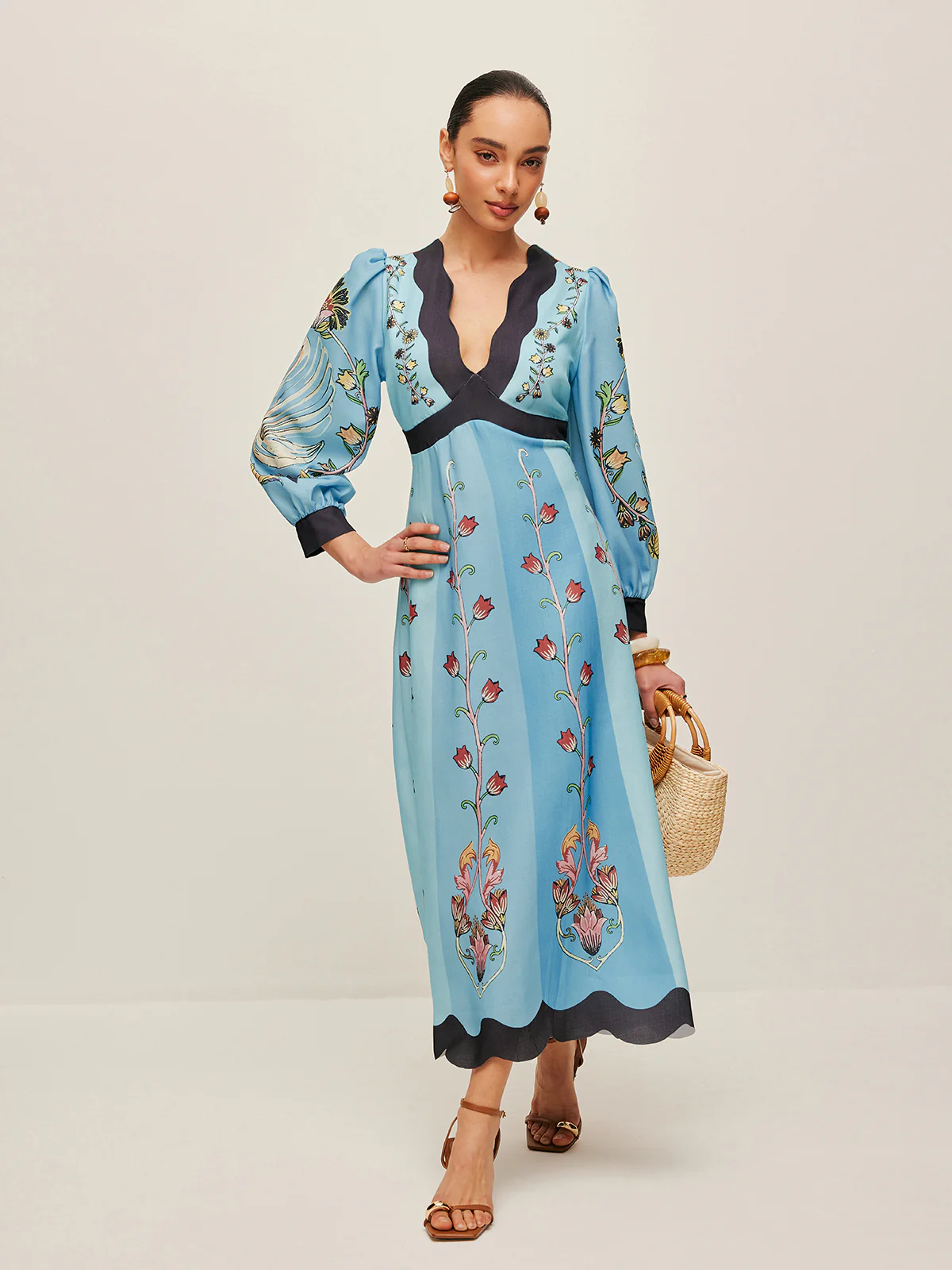 Open-Back Puff Sleeve Floral Dress - Remutear