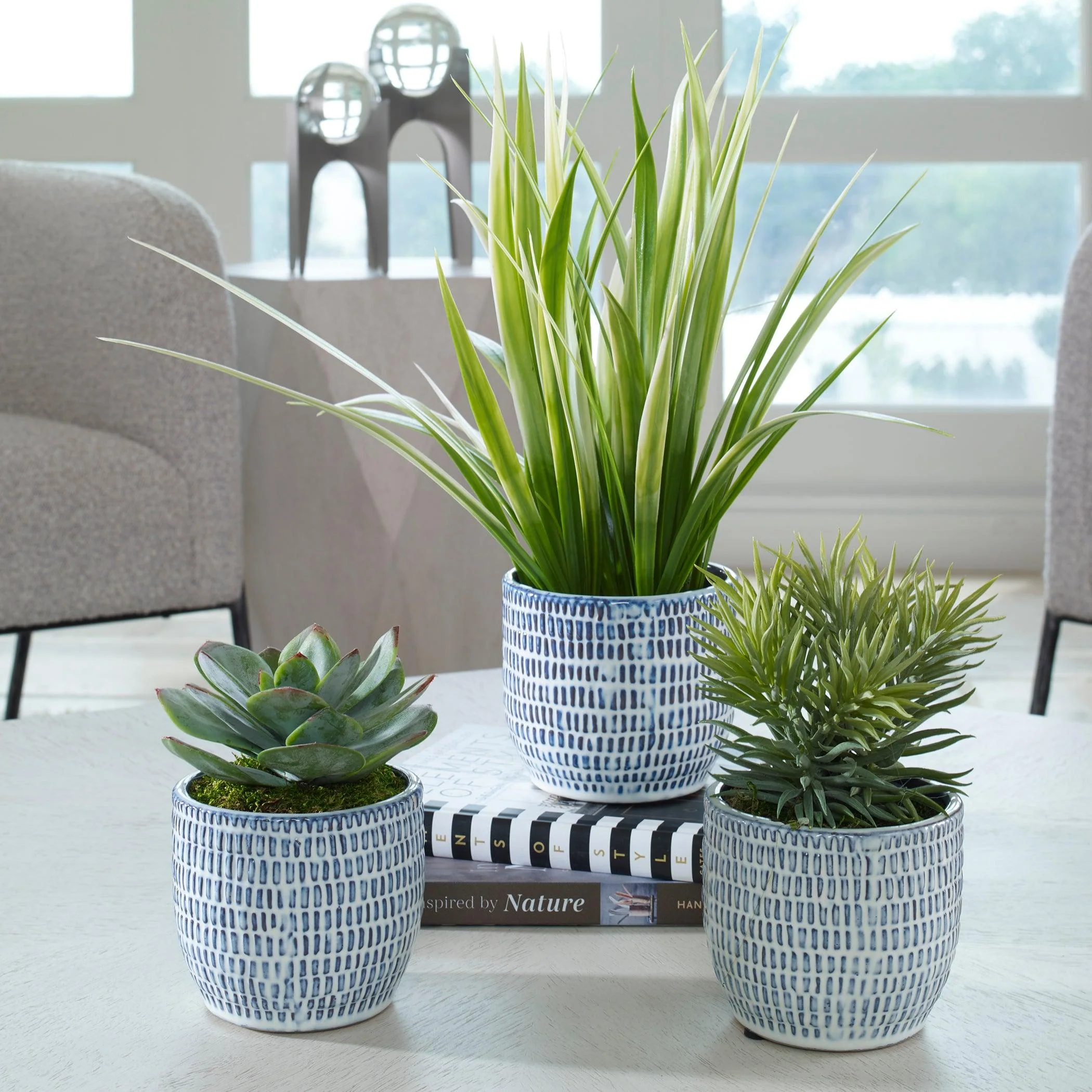 PUEBLA GREENERY IN BLUE & WHITE POTS, SET OF 3 - Remutear