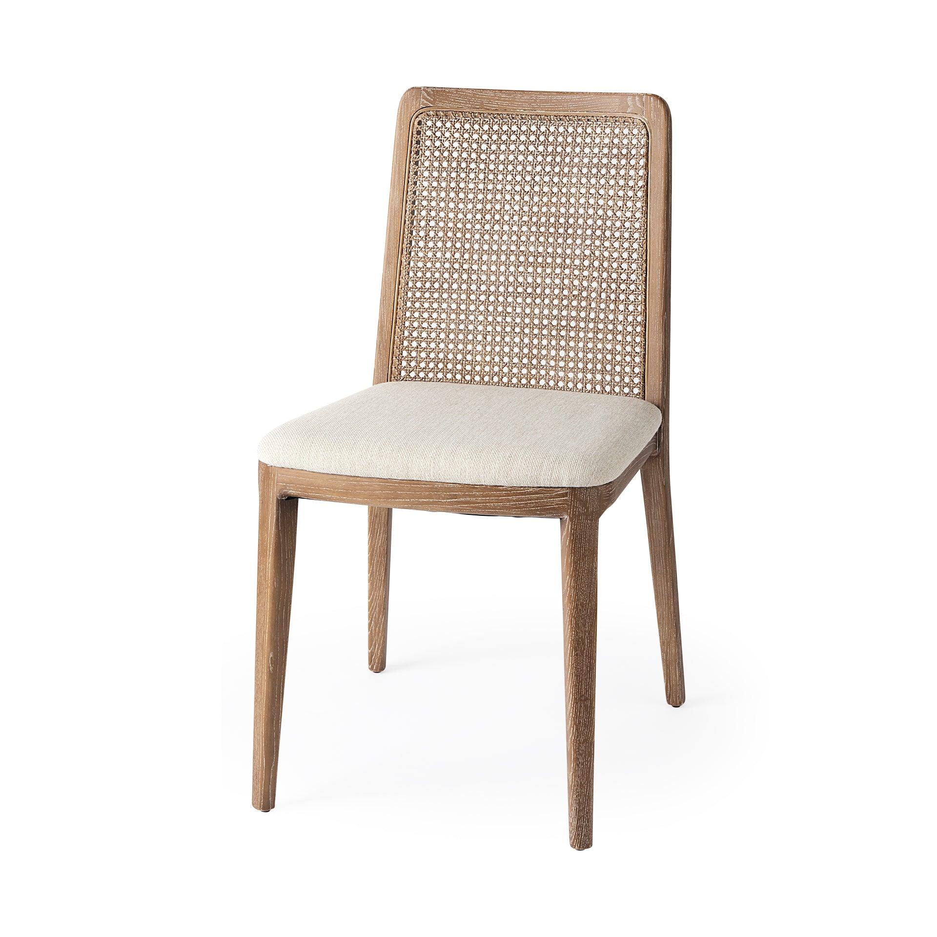 Clara Light Brown Wood W/ Cream Fabric Seat and Cane Back Armless Dining Chair - Set of 2 - Remutear
