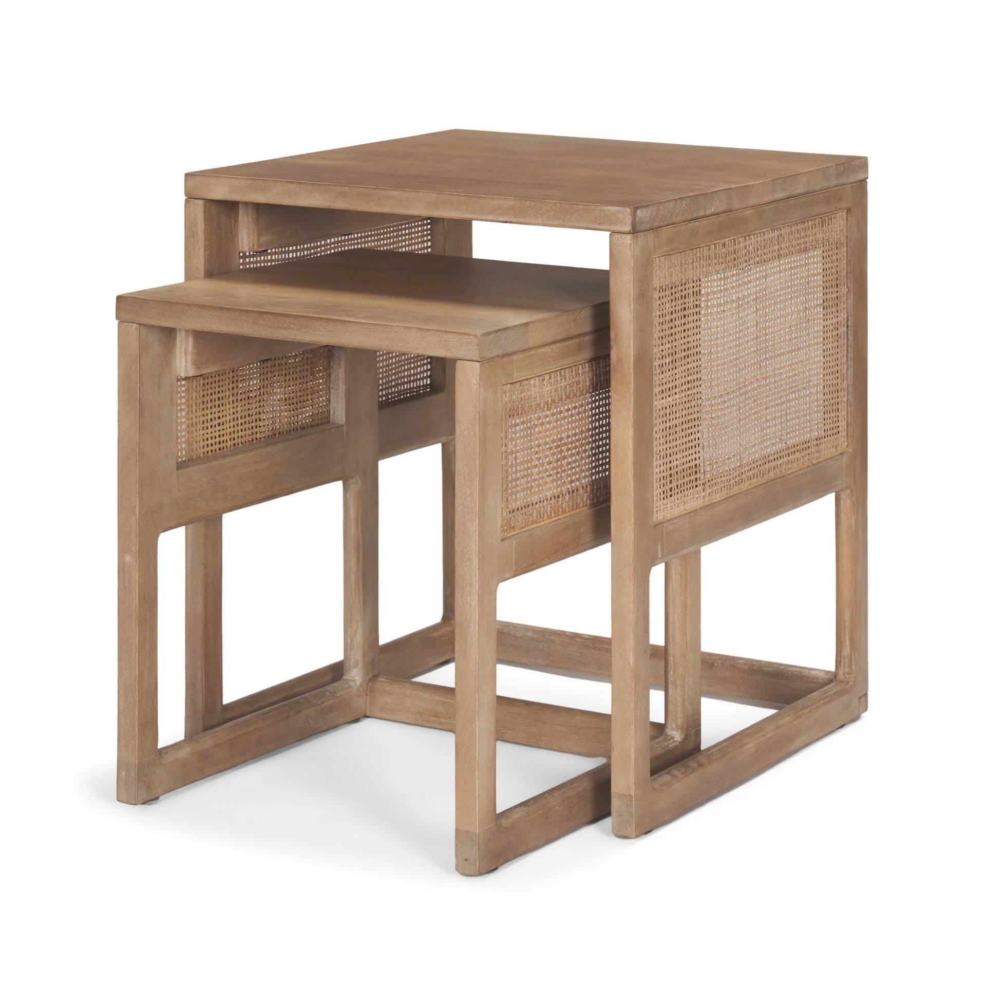 Grier Set of 2 Light Brown Solid Wood w/ Cane Nesting Accent Tables - Remutear