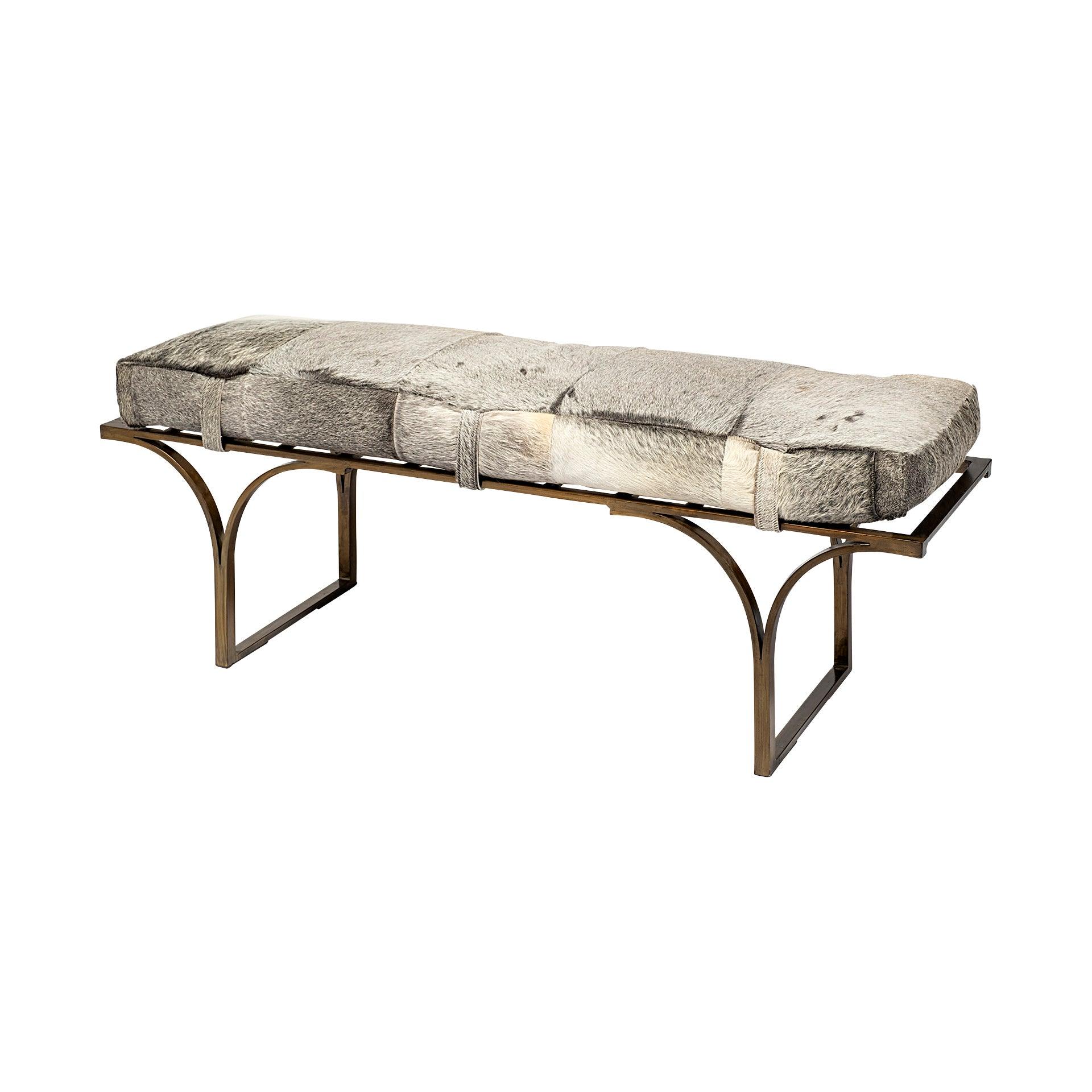 Jessie 55L x 16W White/Gray Hair-On-Hide Seat W/Gold Metal Base Accent Bench - Remutear