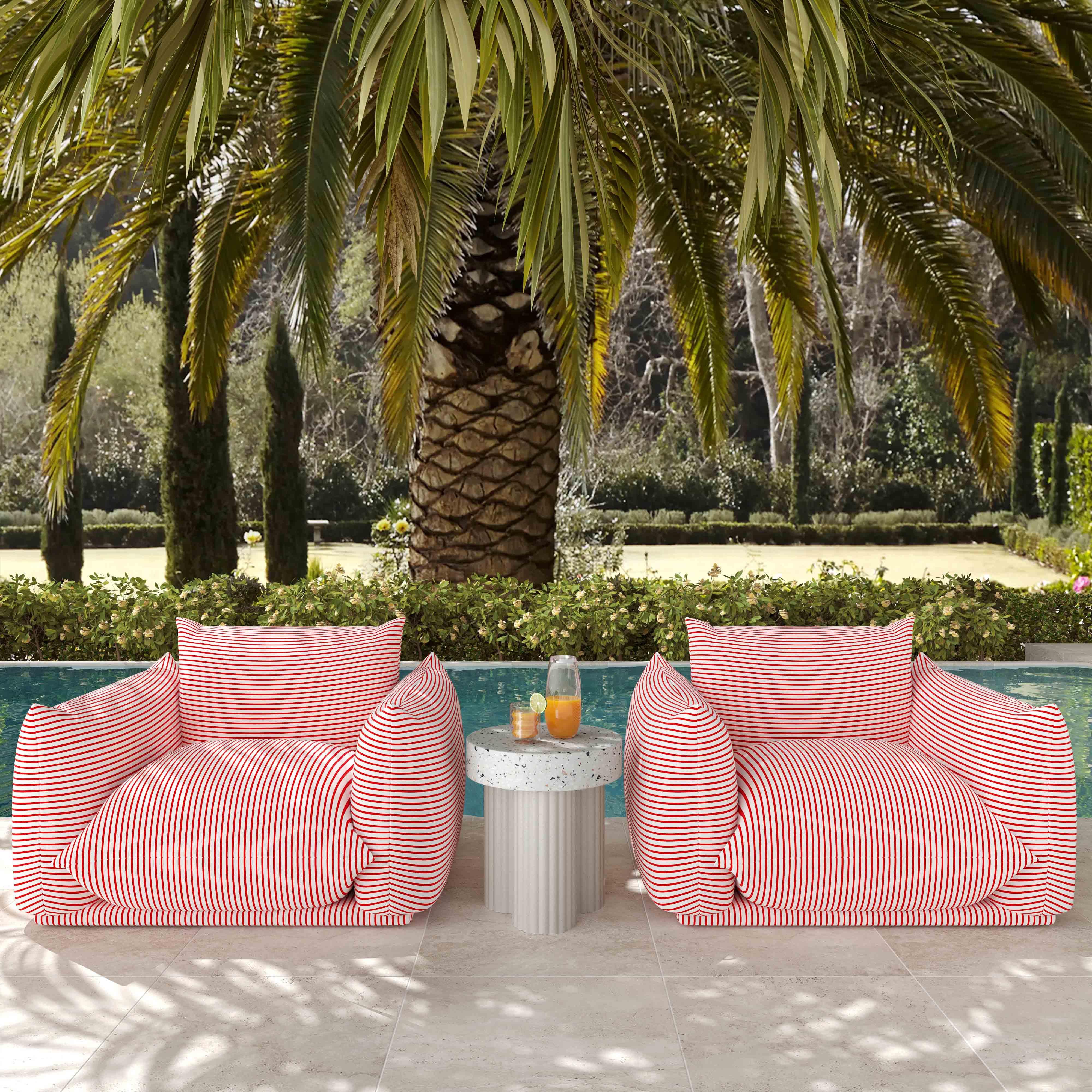Saint Tropez Pearl and Red Striped Stuffed Outdoor Armchair - Remutear