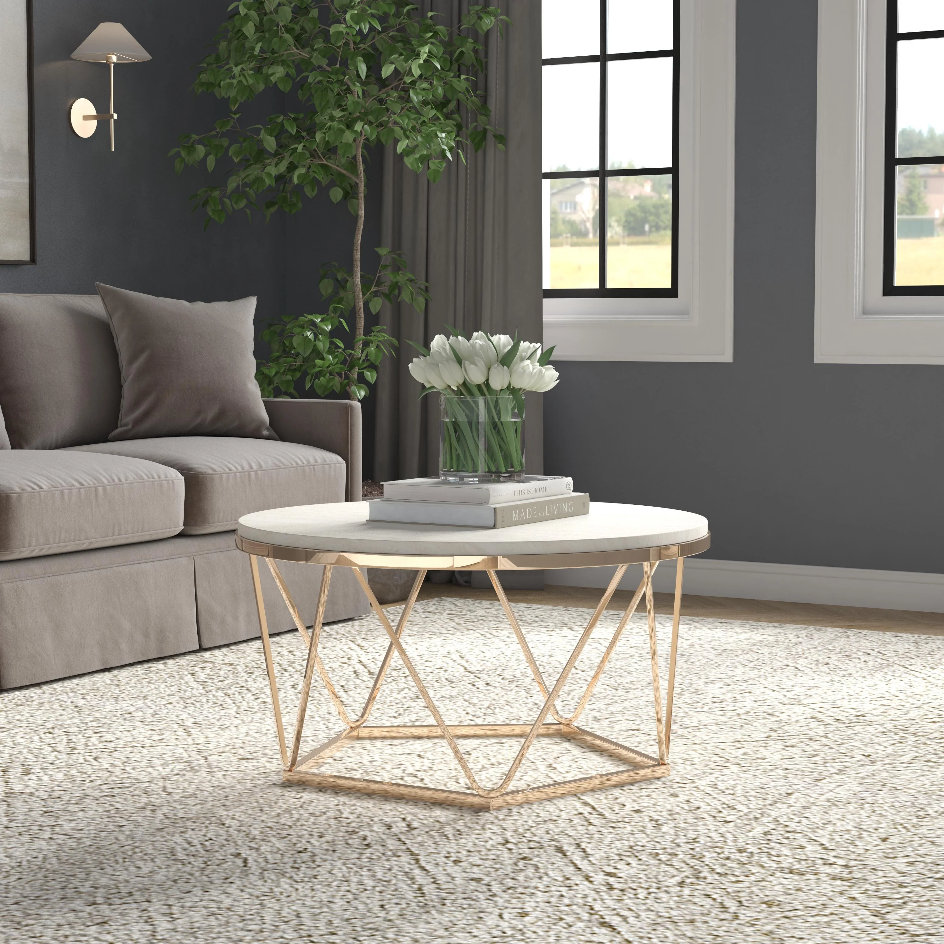 Luna Round Faux Stone Coffee Table - Champagne - Remutear