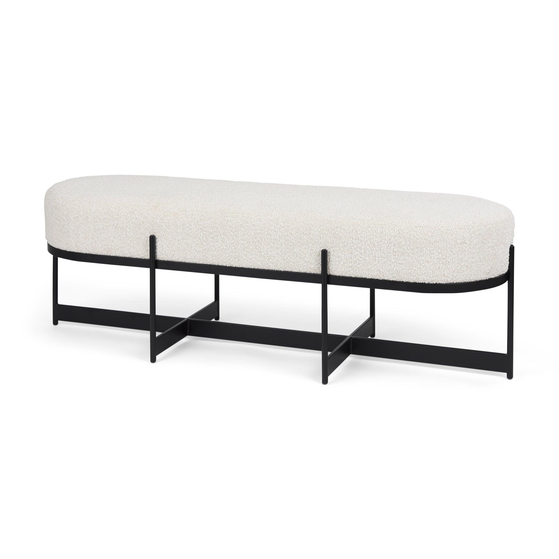 Amelia 55.0L x 18.0W x 18.0H Cream Boucle W/Black Metal Upholstered Bench - Remutear