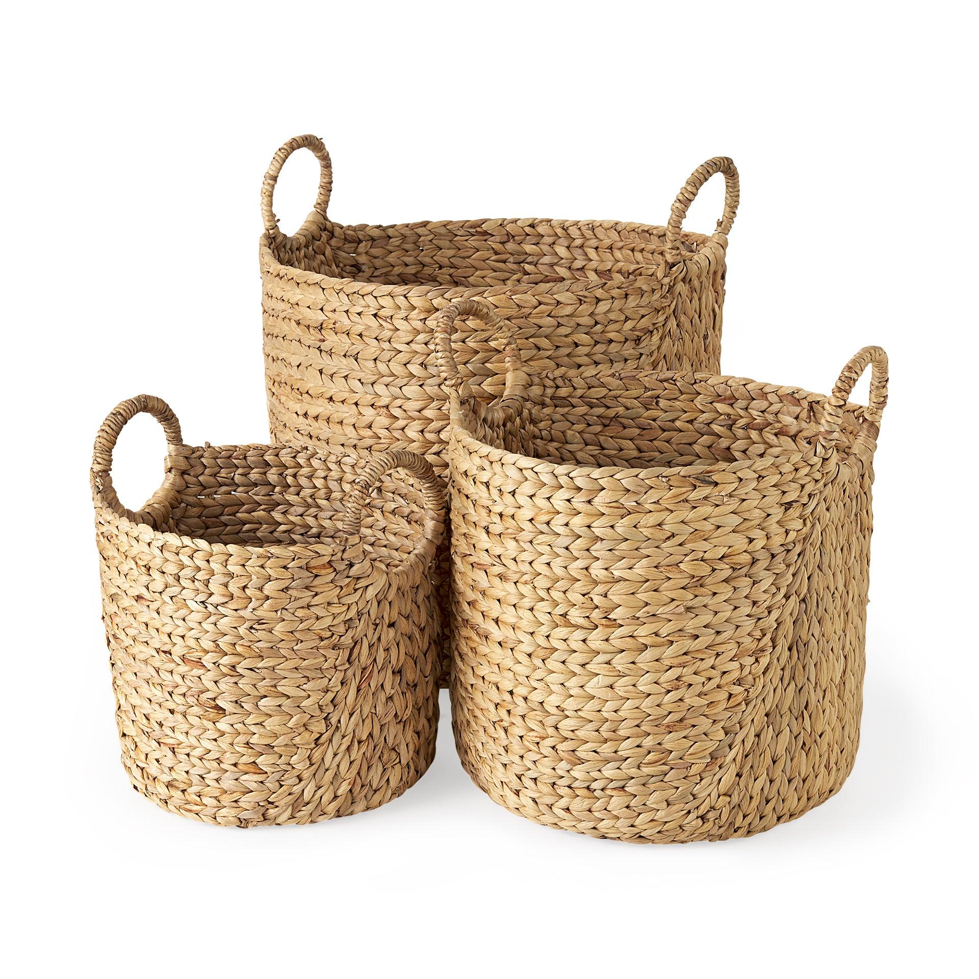Sivan 19.7L x 19.7W x 23.6H (Set of 3) Light Brown Water Hyacinth Round Basket W/ Handles - Remutear
