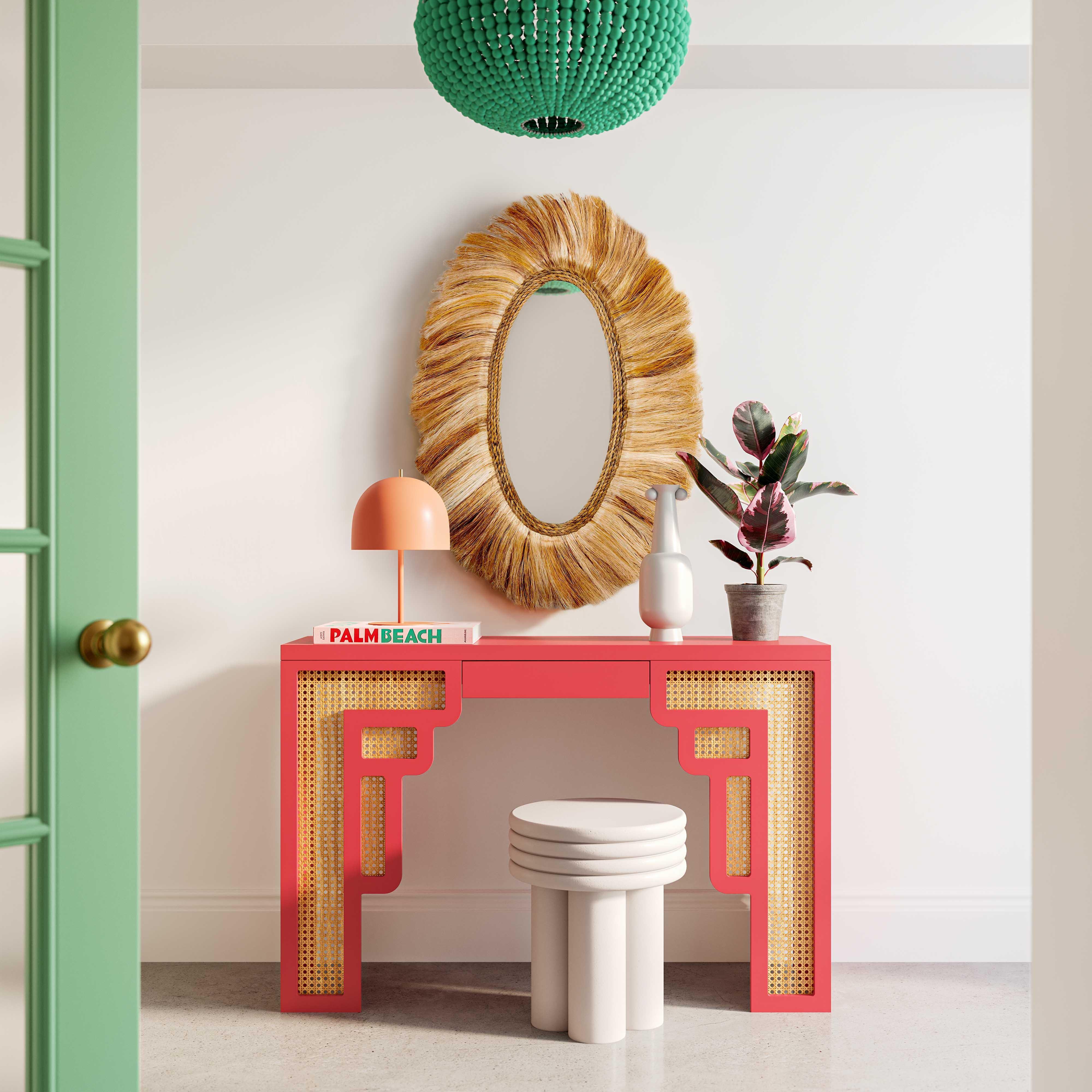 Suzie Coral Pink & Rattan Console Table - Remutear