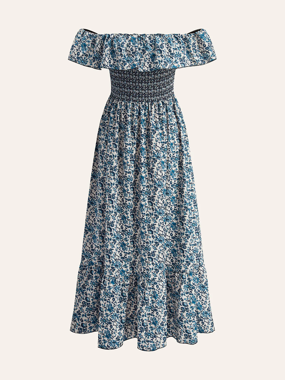 Boho Smocked Off-Shoulder Ruffle Floral Dress - Remutear